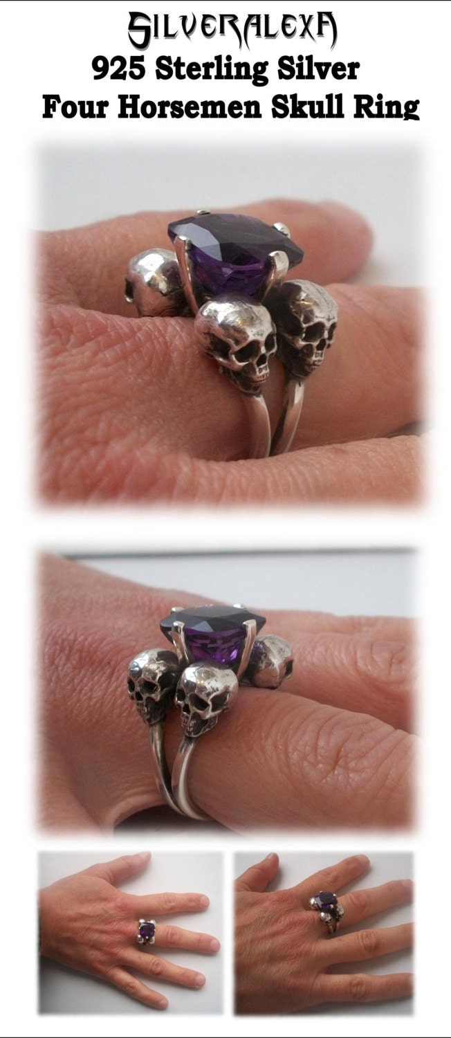 Skull ring - Sterling Silver Four horsemen Engagement skull Ring w/ 12 mm Feceted Amethyst- ALL SIZES