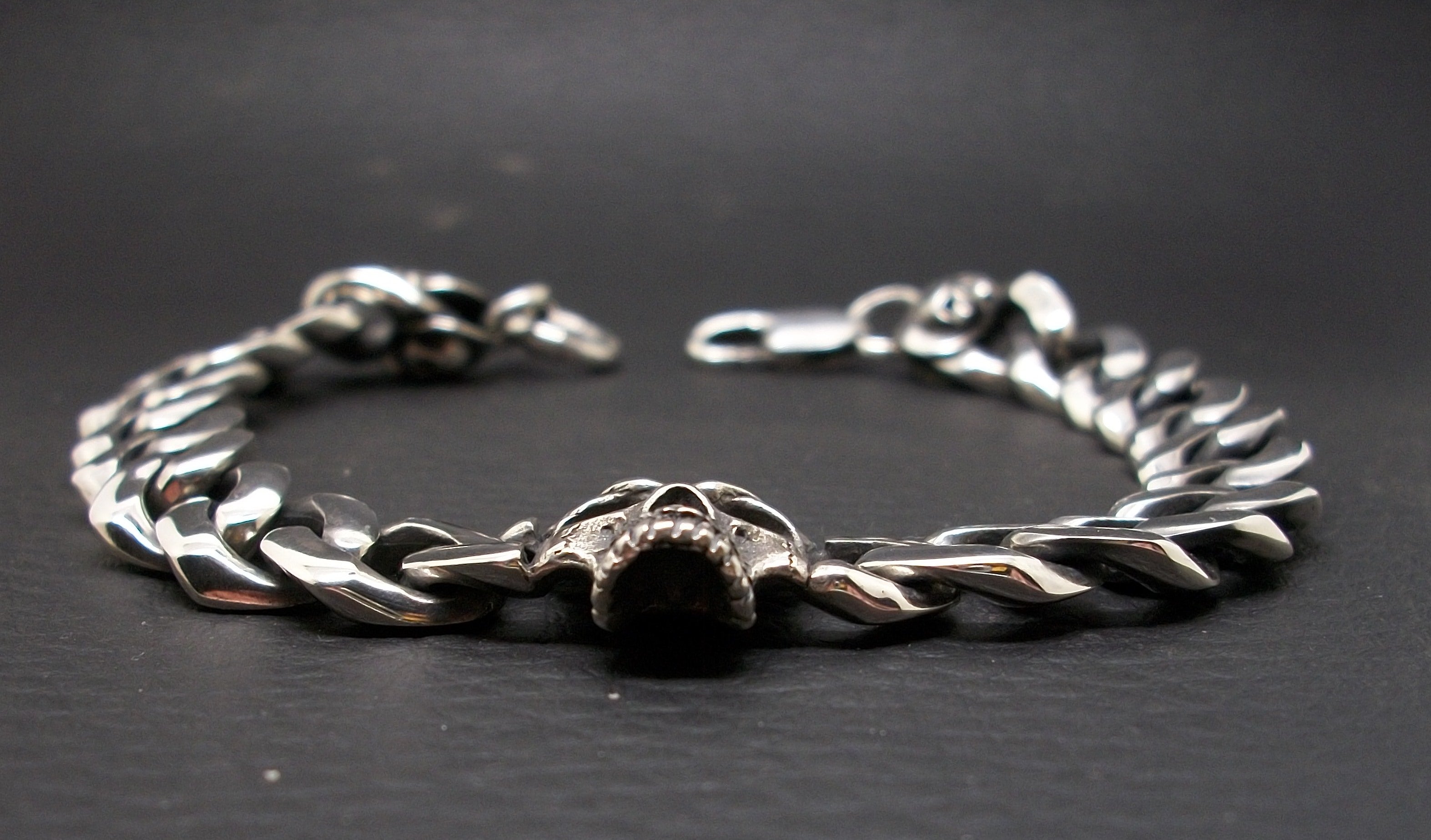 Skull Bracelet, Sterling Silver Skull Bracelet, Silver Cuban Link, Lobster closure, Half Jaw Skull, Medium Silver Chain, Silveralexa