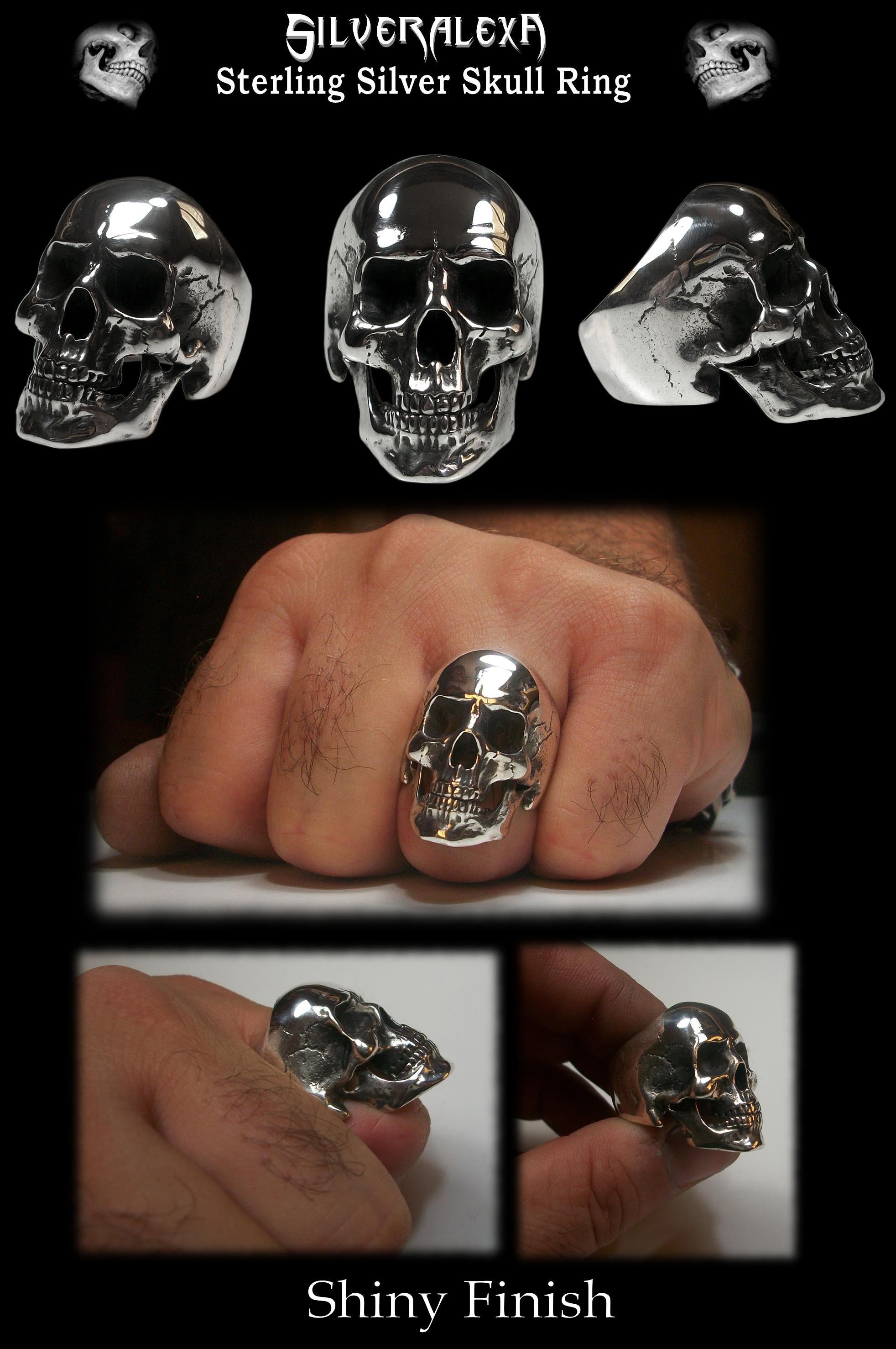 Silveralexa Sterling Silver Anatomical Skull Ring with Jaw Sapphire Eyes