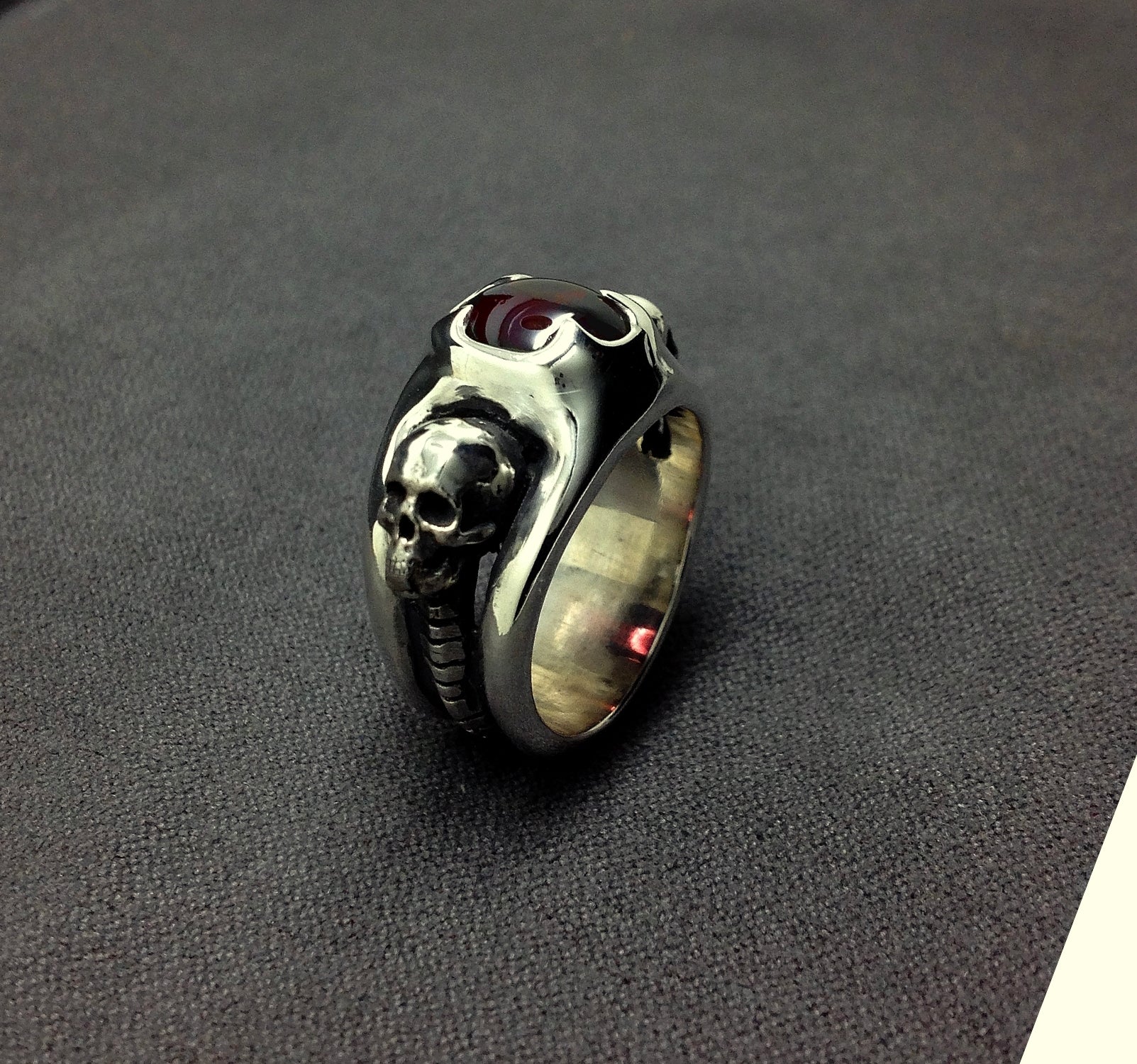 Skull Engagement Ring, Sterling Silver Skull Ring, Garnet Ring, Love to Death Ring, Inspired by HR Giger, Claw Ring, Silveralexa