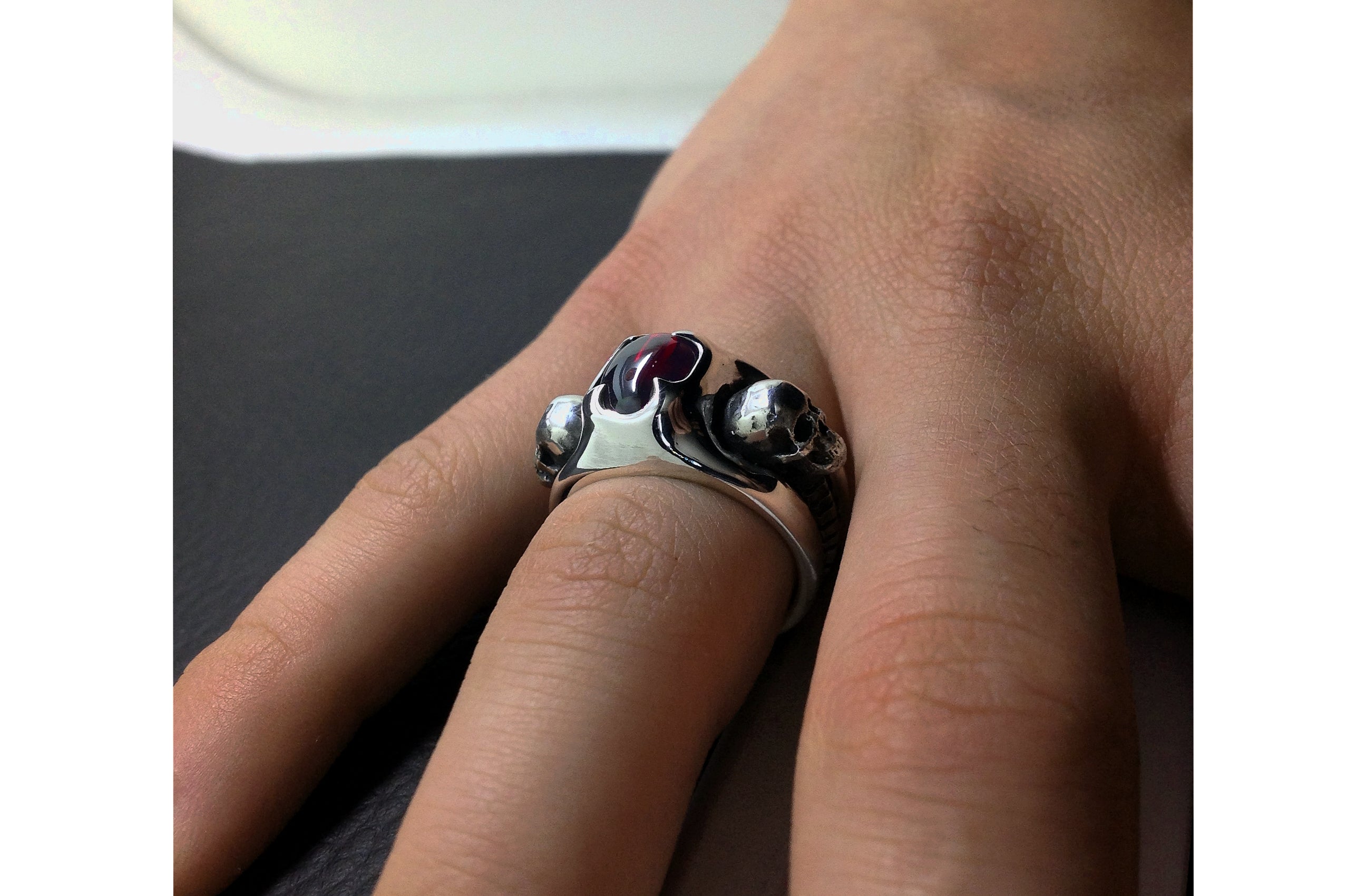 Skull Engagement Ring, Sterling Silver Skull Ring, Garnet Ring, Love to Death Ring, Inspired by HR Giger, Claw Ring, Silveralexa