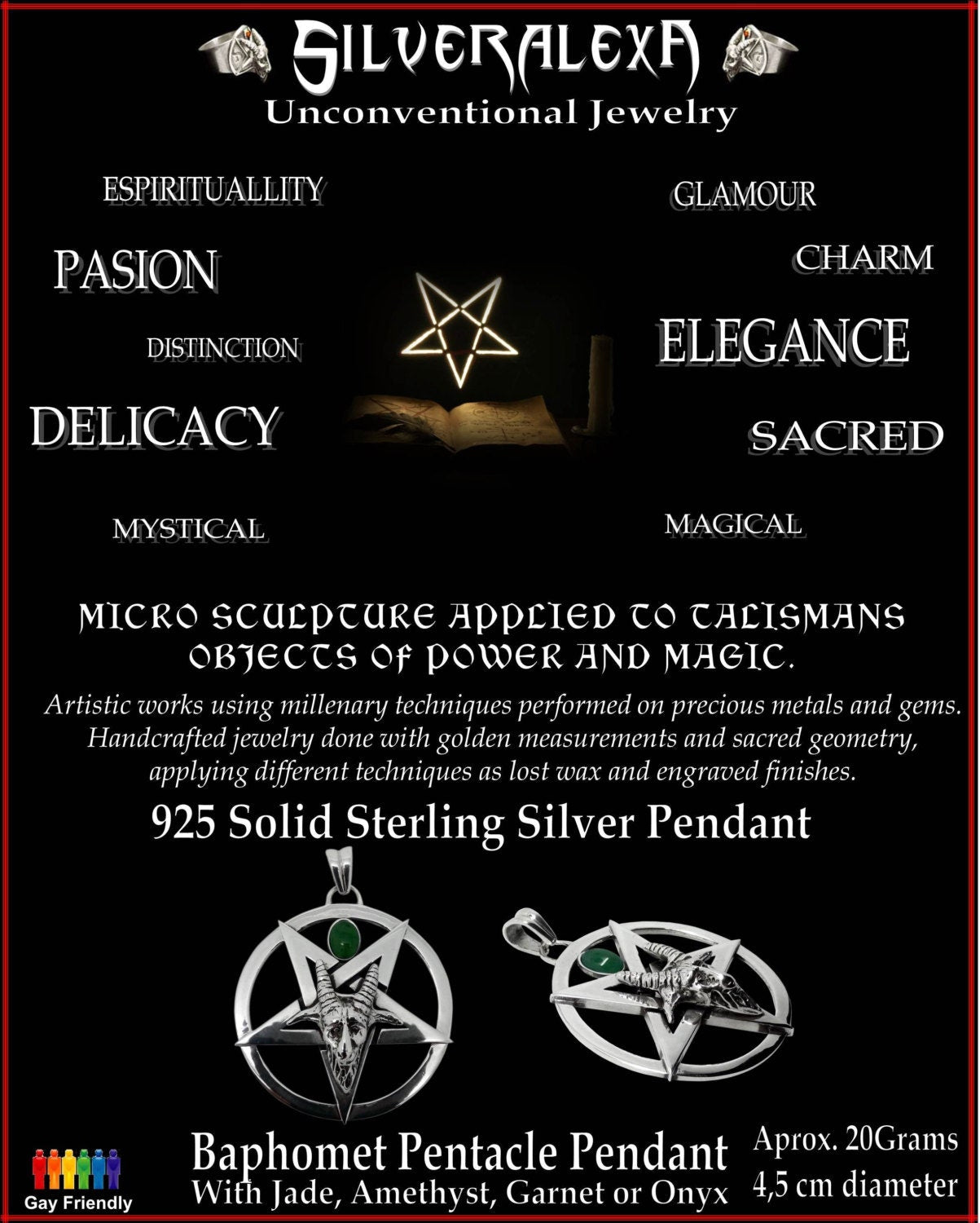 Baphomet Pendant - Sterling Silver Sigil of Baphomet Evil Sabbatic Goat Pentacle Pendant - with Jade