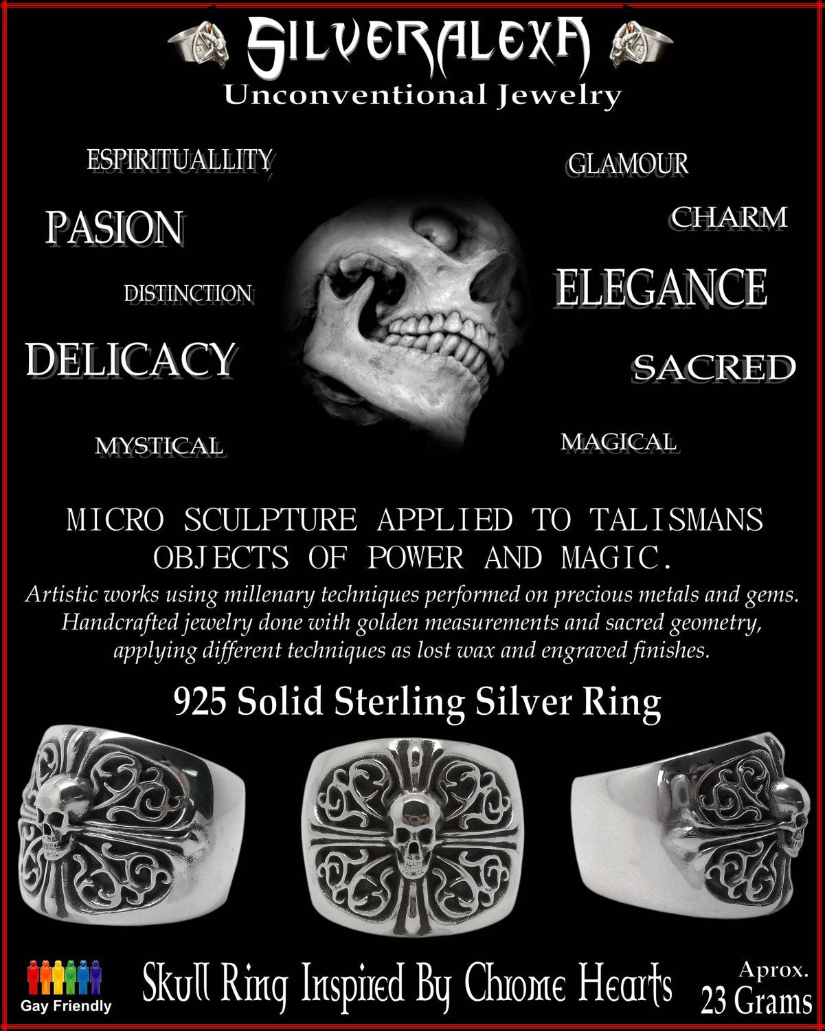 Skull ring - Sterling Silver Skull Ring Cross -  ALL SIZES