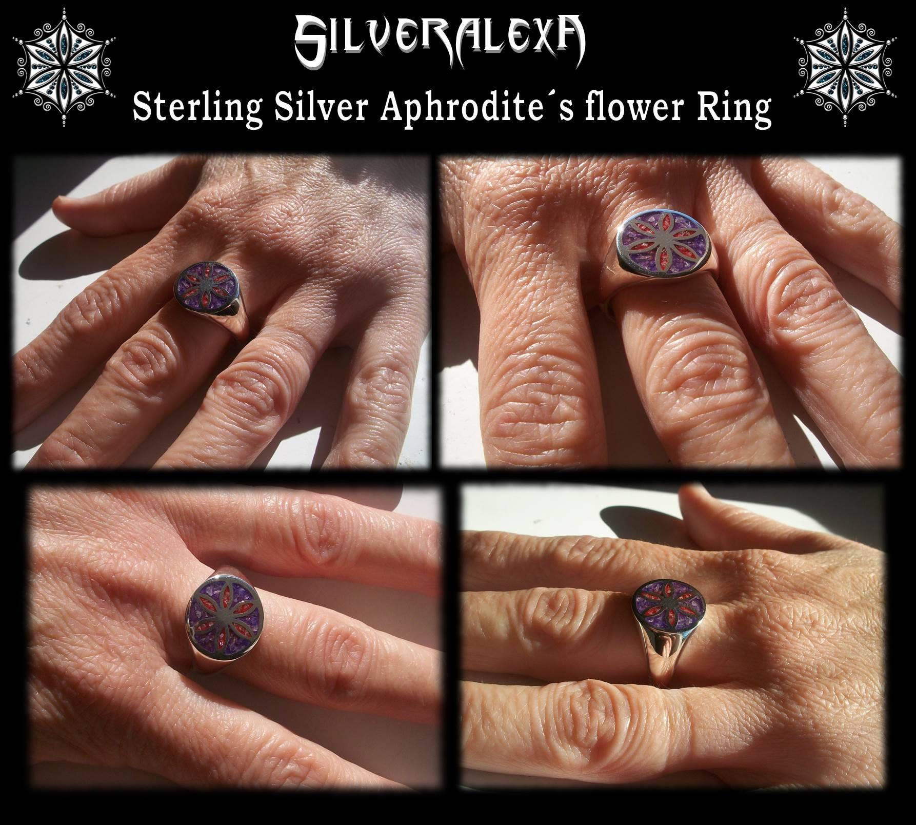 Seed of life ring - Sterling Silver Aphrodite Ring -  ALL SIZES - with crushed quartz ruby amethyst