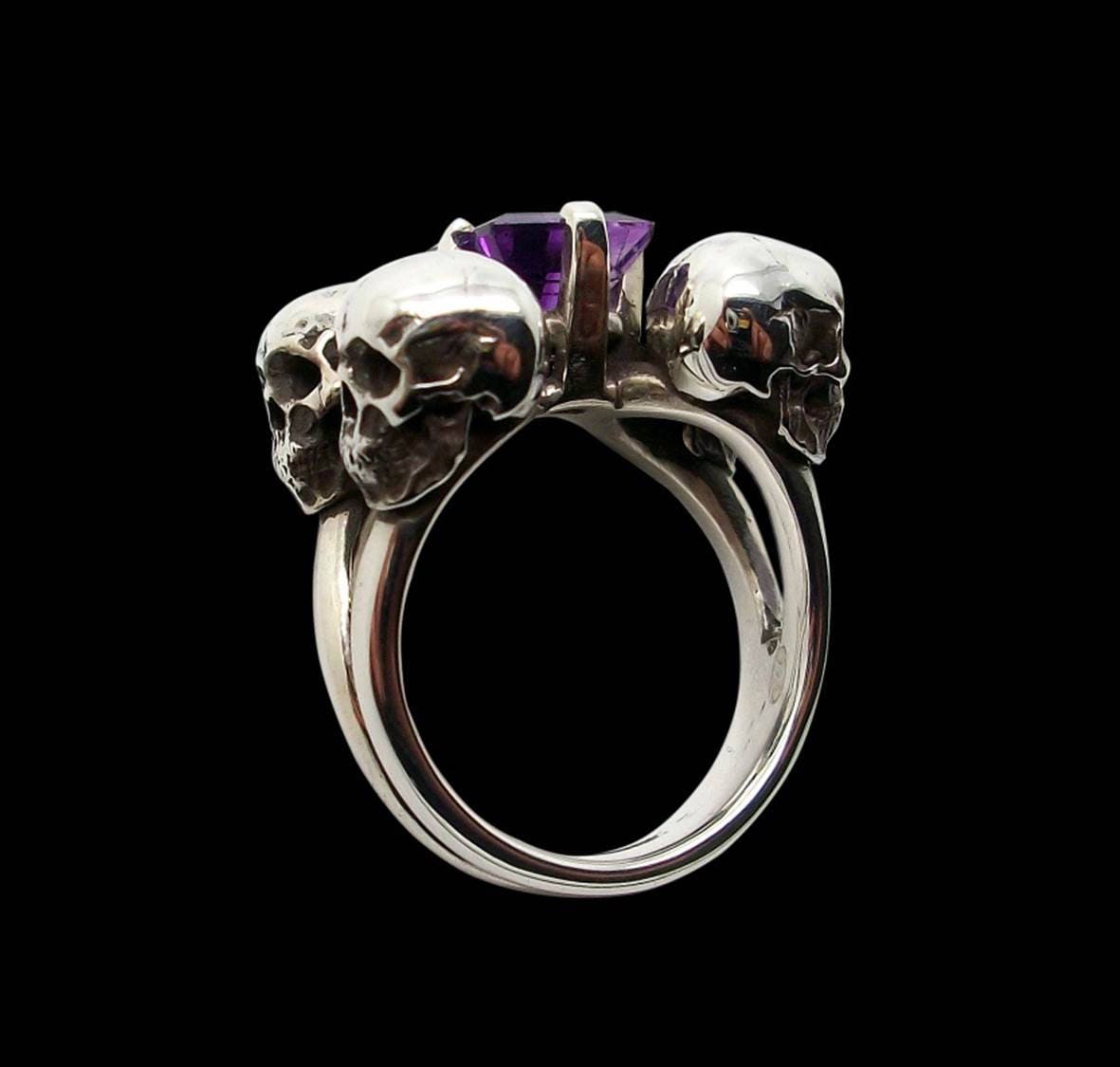 Skull engagement ring - Sterling Silver Four horsemen Engagement skull Ring w/ 7 mm Feceted Amethyst- ALL SIZES