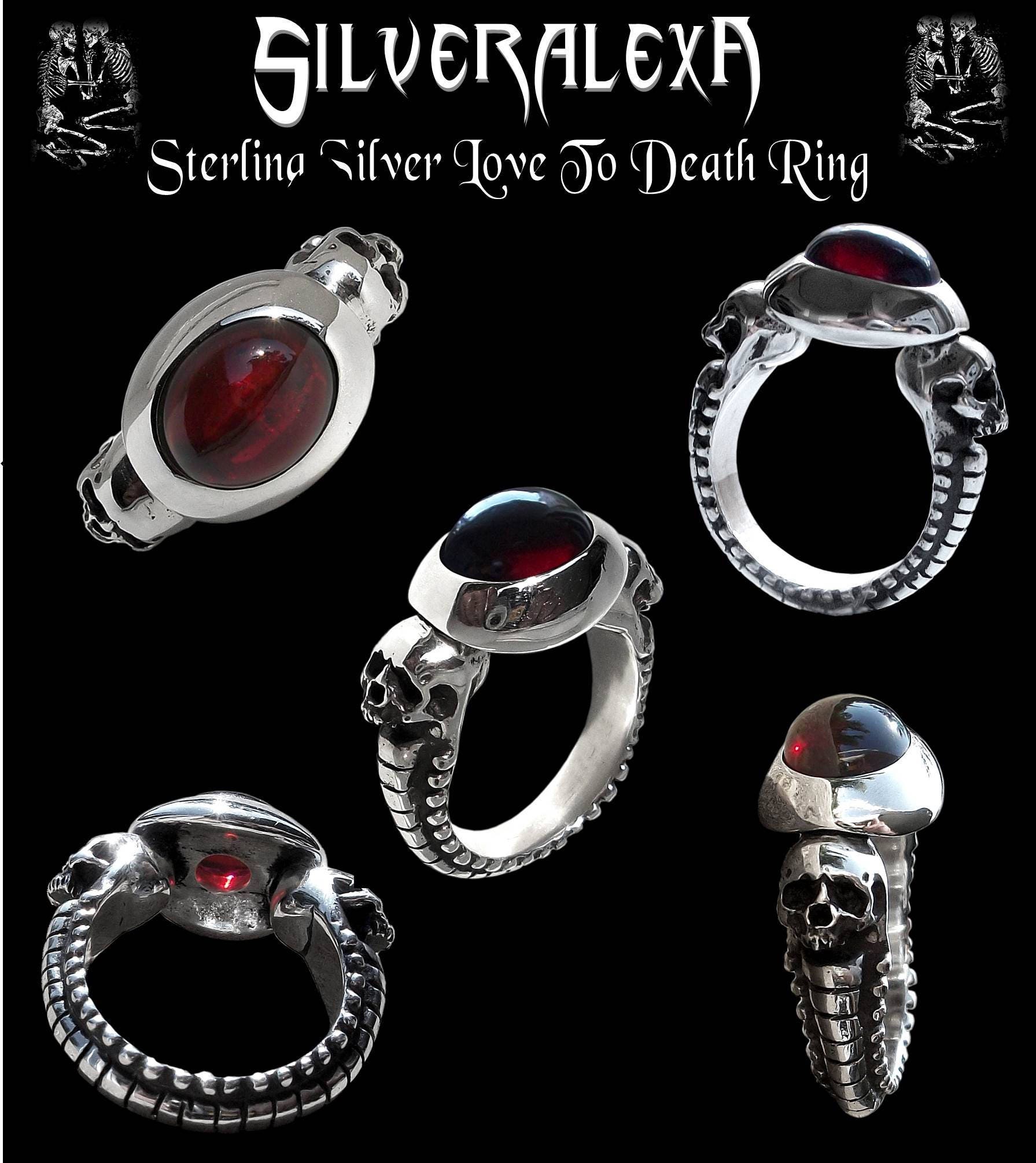 Skull engagement ring - Sterling Silver Engagement Skulls Ring Love To Death with Red Garnet - Inspired by HR Giger artwork