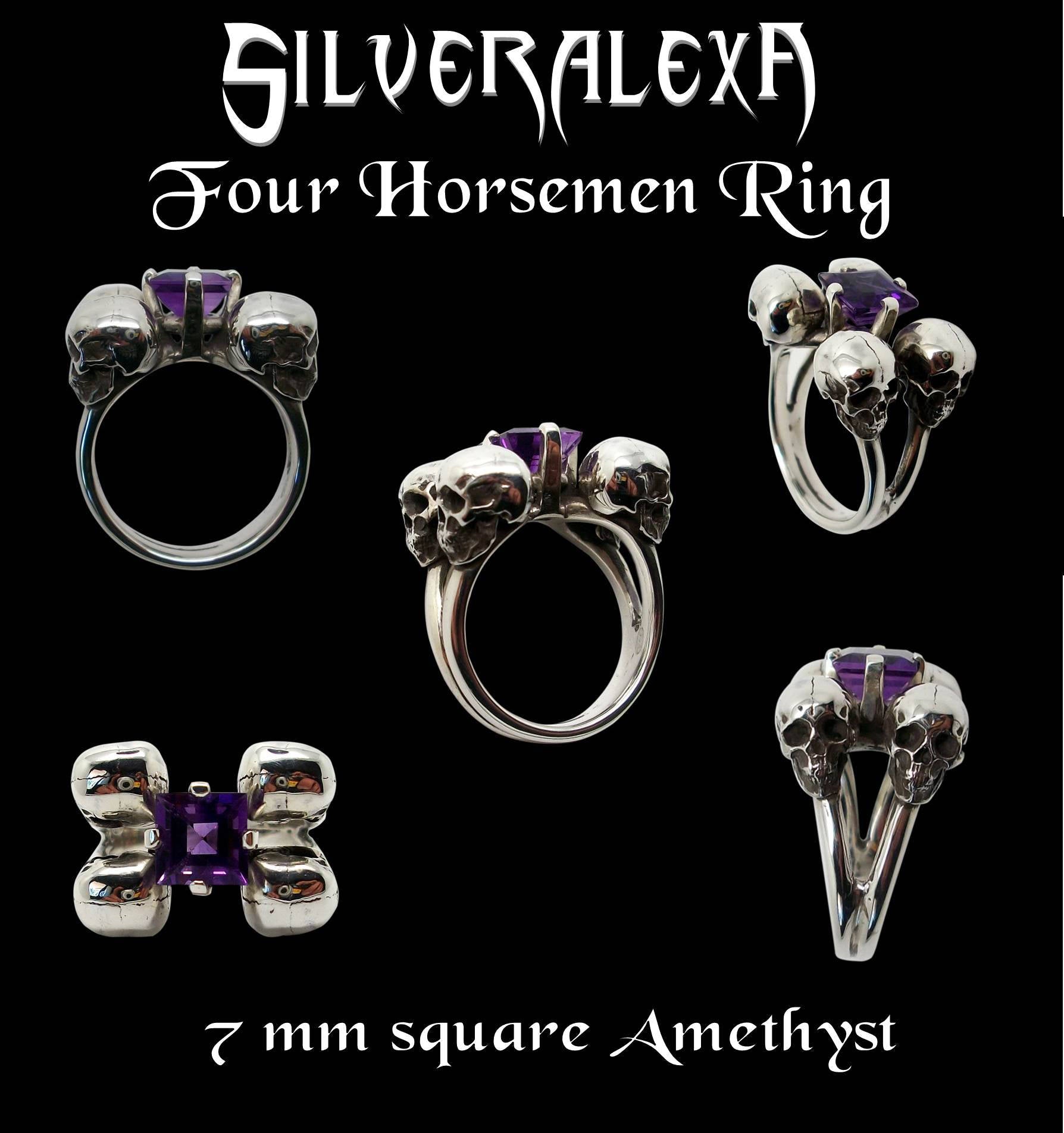 Skull engagement ring - Sterling Silver Four horsemen Engagement skull Ring w/ 7 mm Feceted Amethyst- ALL SIZES