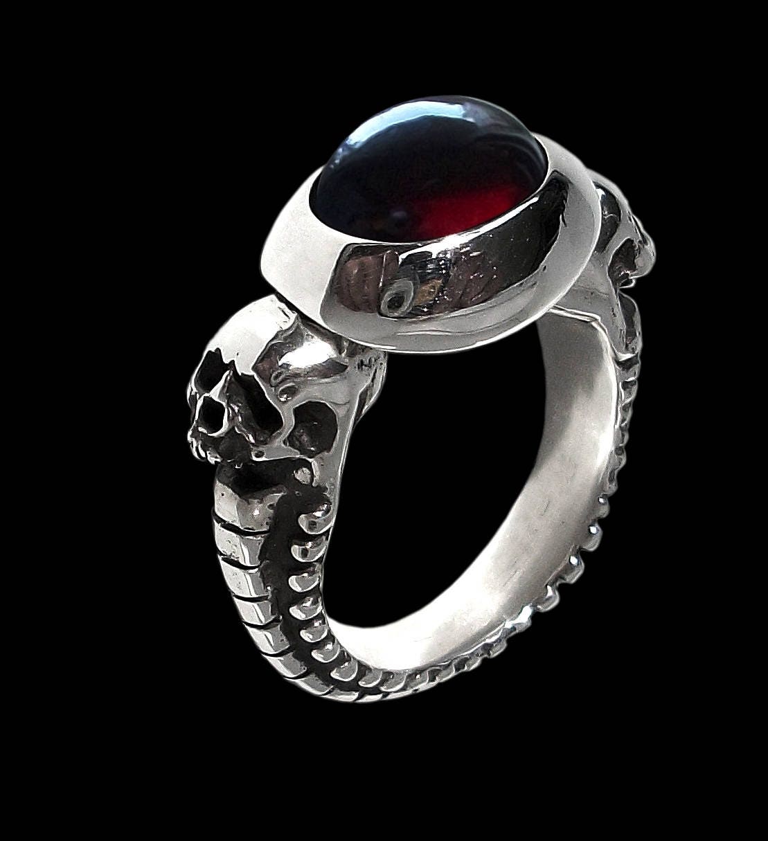 Skull engagement ring - Sterling Silver Engagement Skulls Ring Love To Death with Red Garnet - Inspired by HR Giger artwork