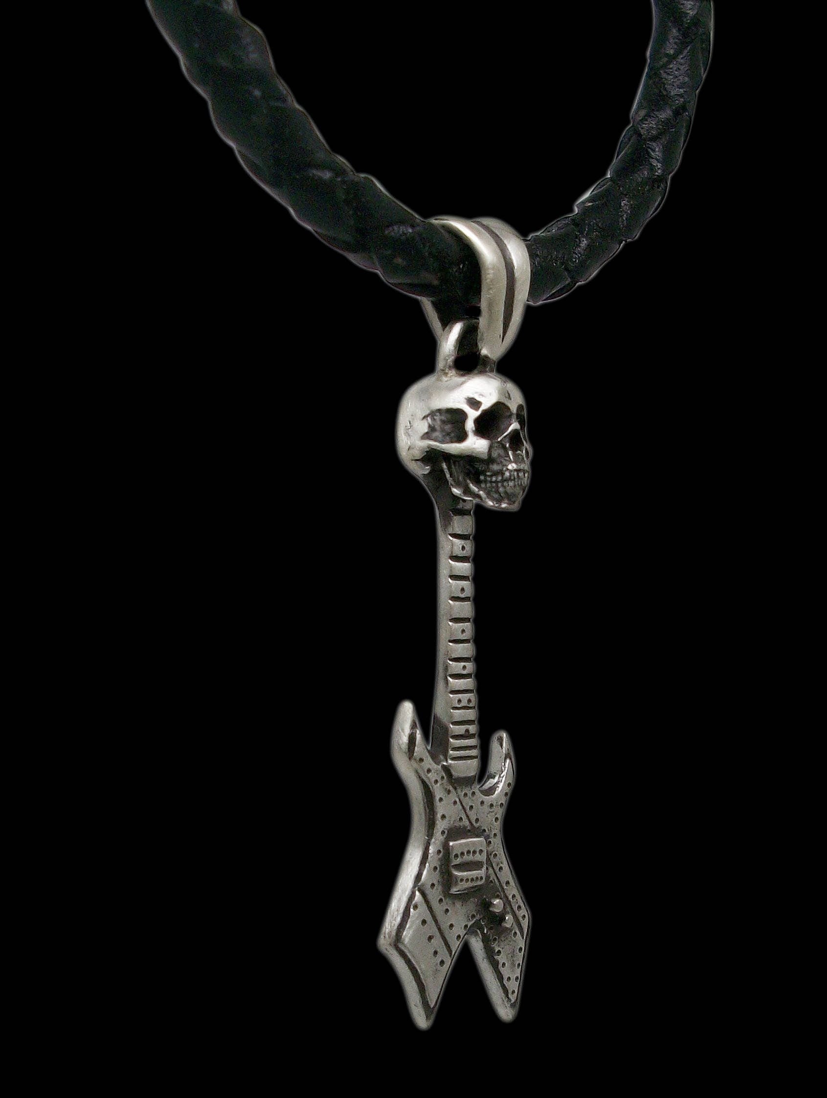 Skull pendant - Sterling Silver Skull Guitar pendant- Brushed Finishk