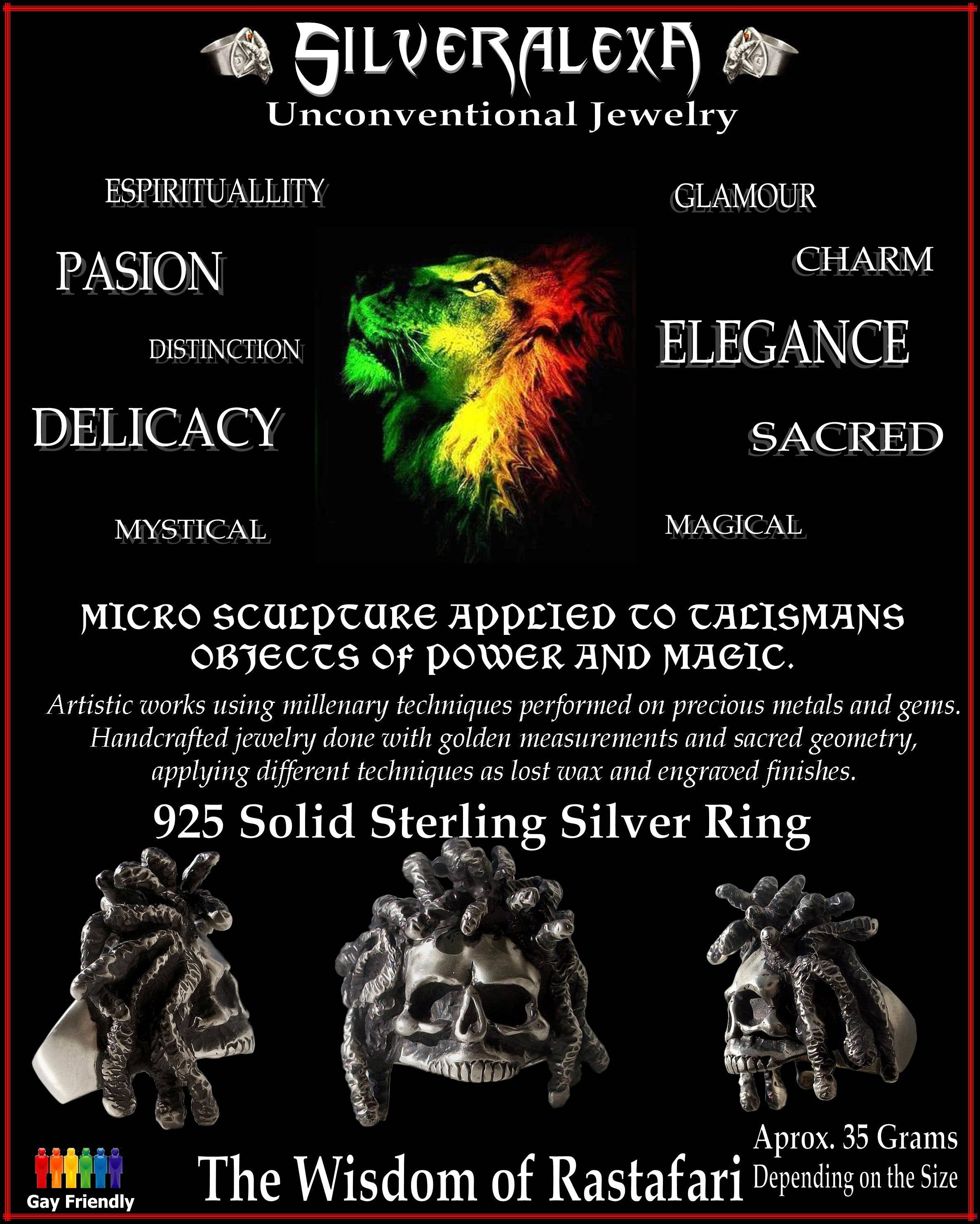 Sterling Silver Rastafari Skull Ring - ALL SIZES  - king of reggae