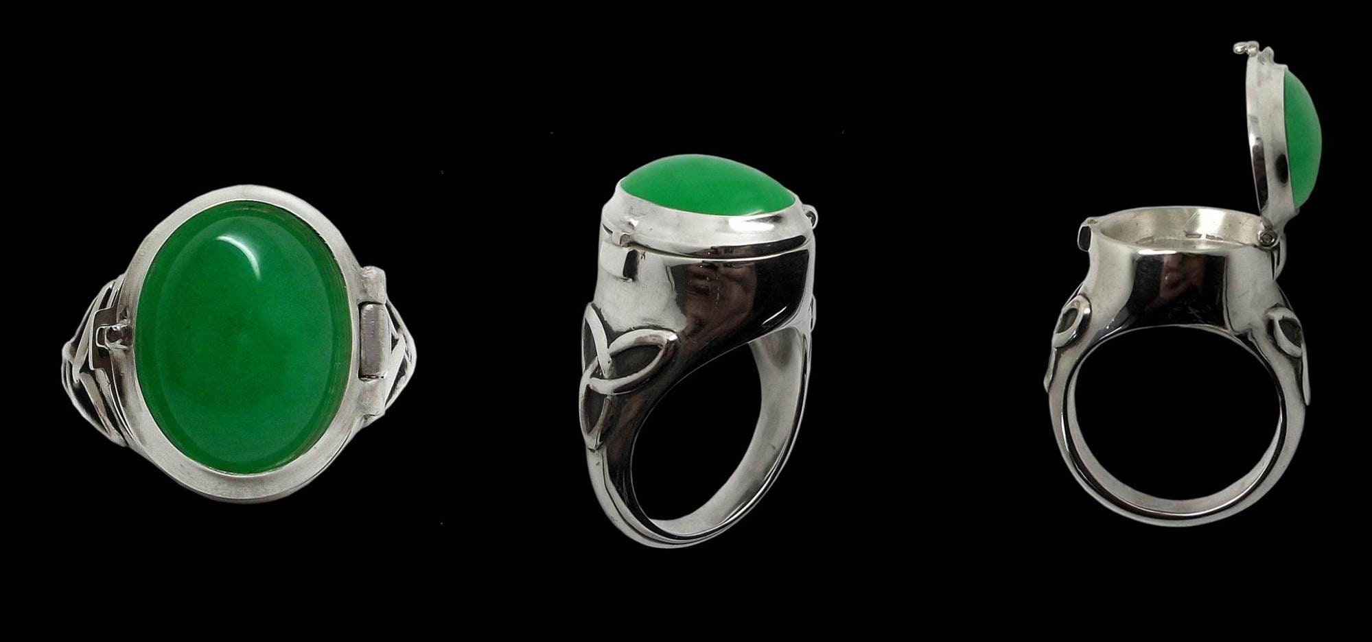 Poison ring - Sterling Silver Poison Pillbox triquetra ring with Green Jade- ALL SIZES
