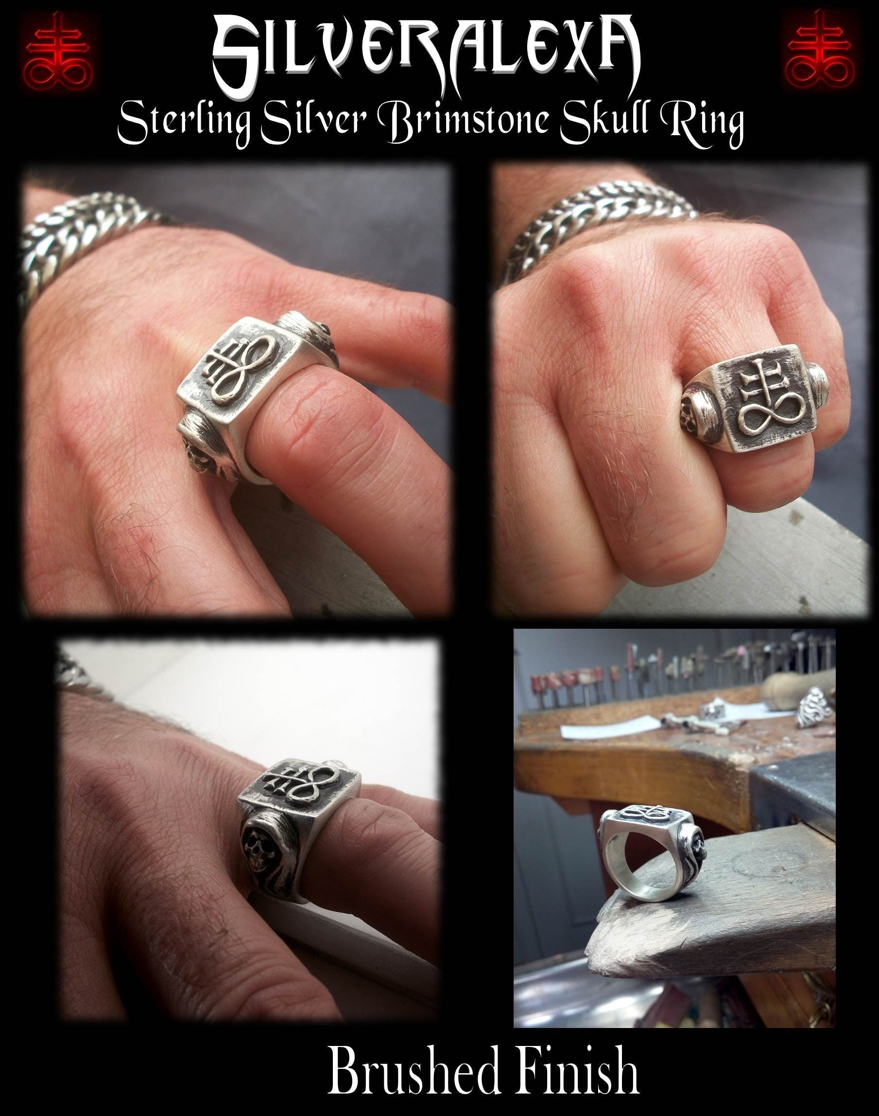 Brimstone ring - Sterling Silver Brimstone Skull Ring -  ALL SIZES - Leviathan Cross