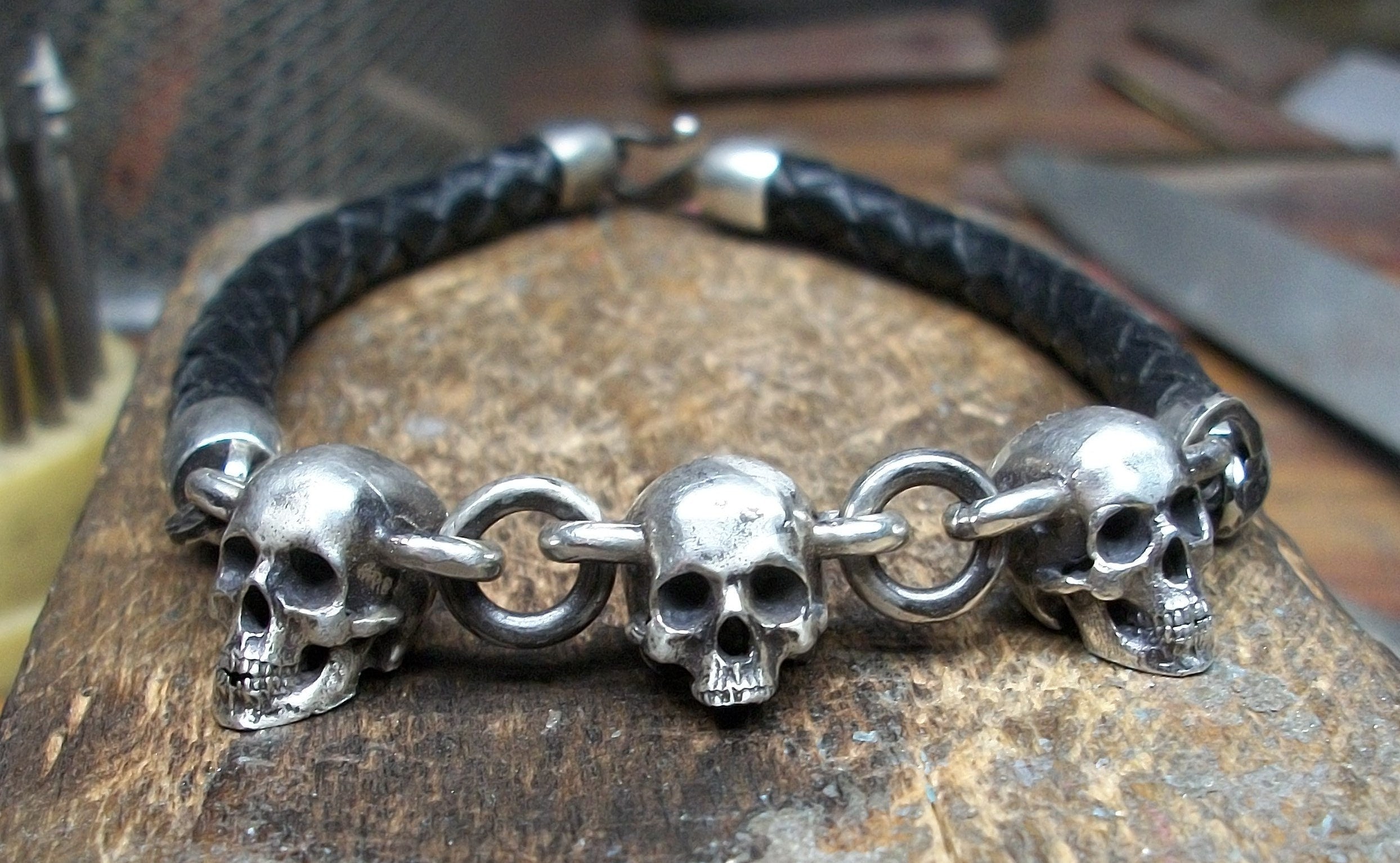 Skull Bracelet - Sterling Silver Leather skull bracelet chain