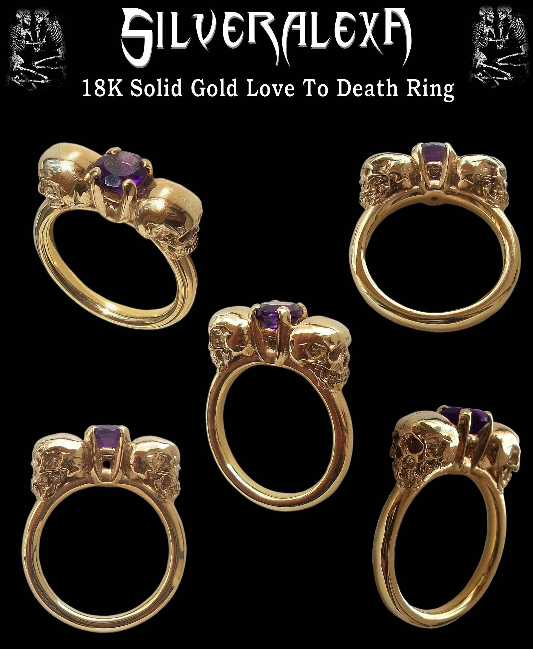 Skull ring - 18K Solid Gold Dark Gothic Skull Engagement Ring with Amethyst - Love to Death Ring Inspired by Lovers Of Valdaro