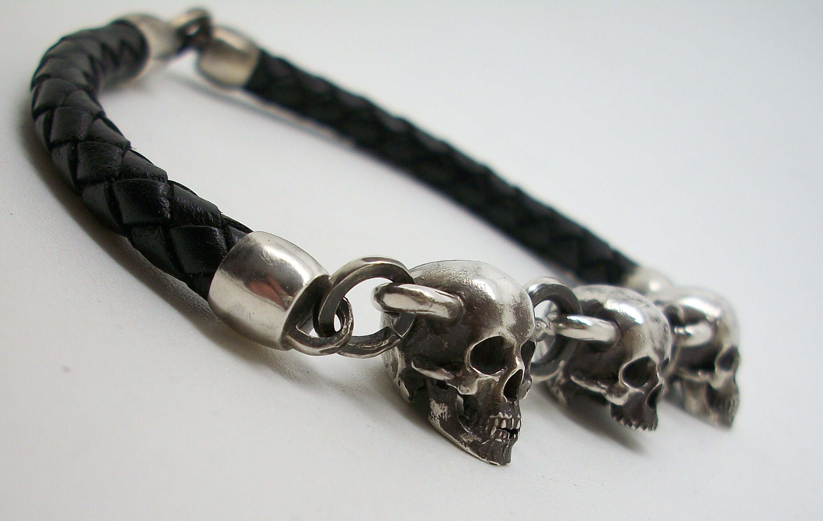 Skull Bracelet - Sterling Silver Leather skull bracelet chain