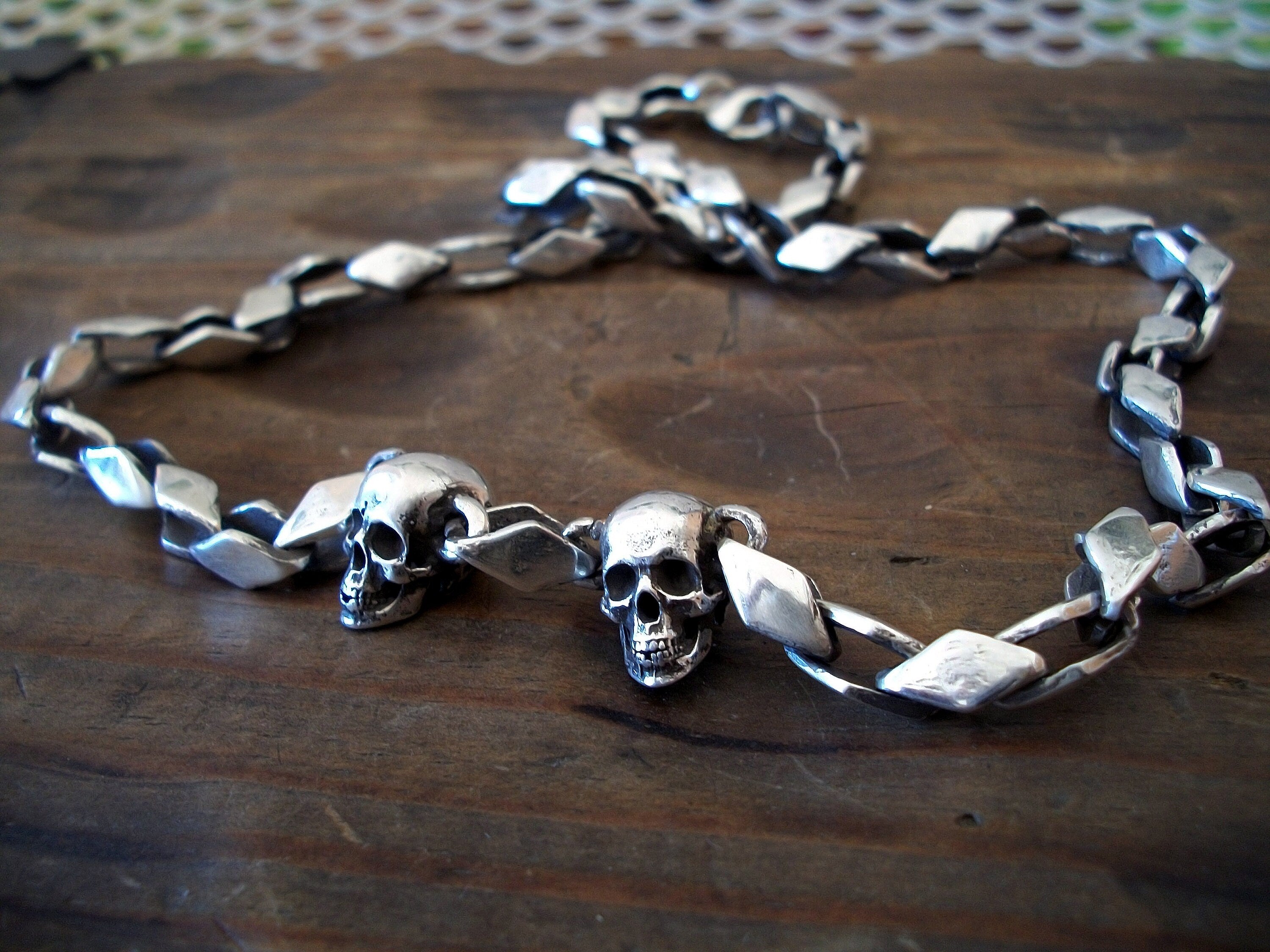Skull Necklace Chain - Sterling Silver chain collar - Love to Death - 65 grams
