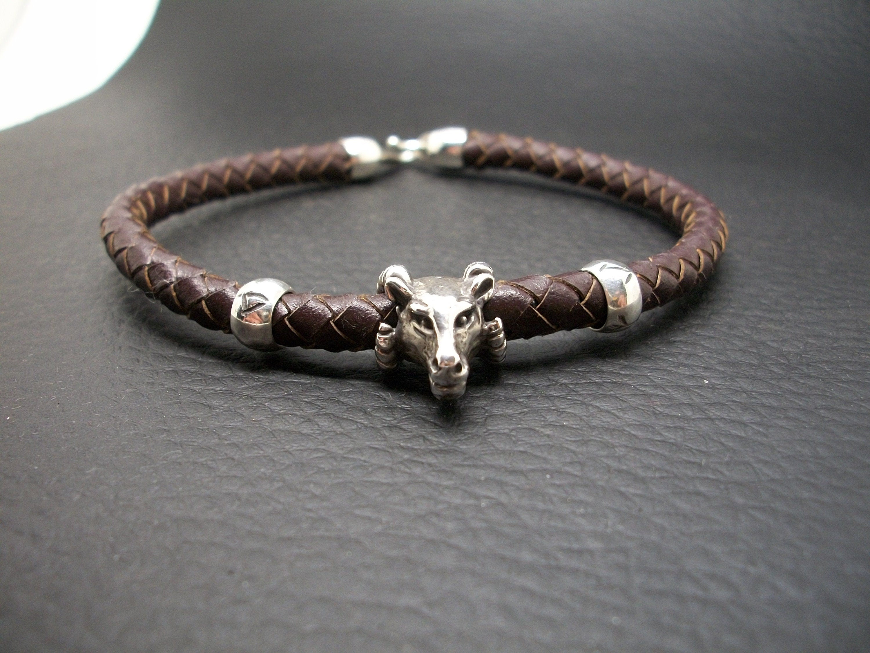 Goat Bracelet - Sterling Silver Viking Goat and Brown Braided Leather bracelet