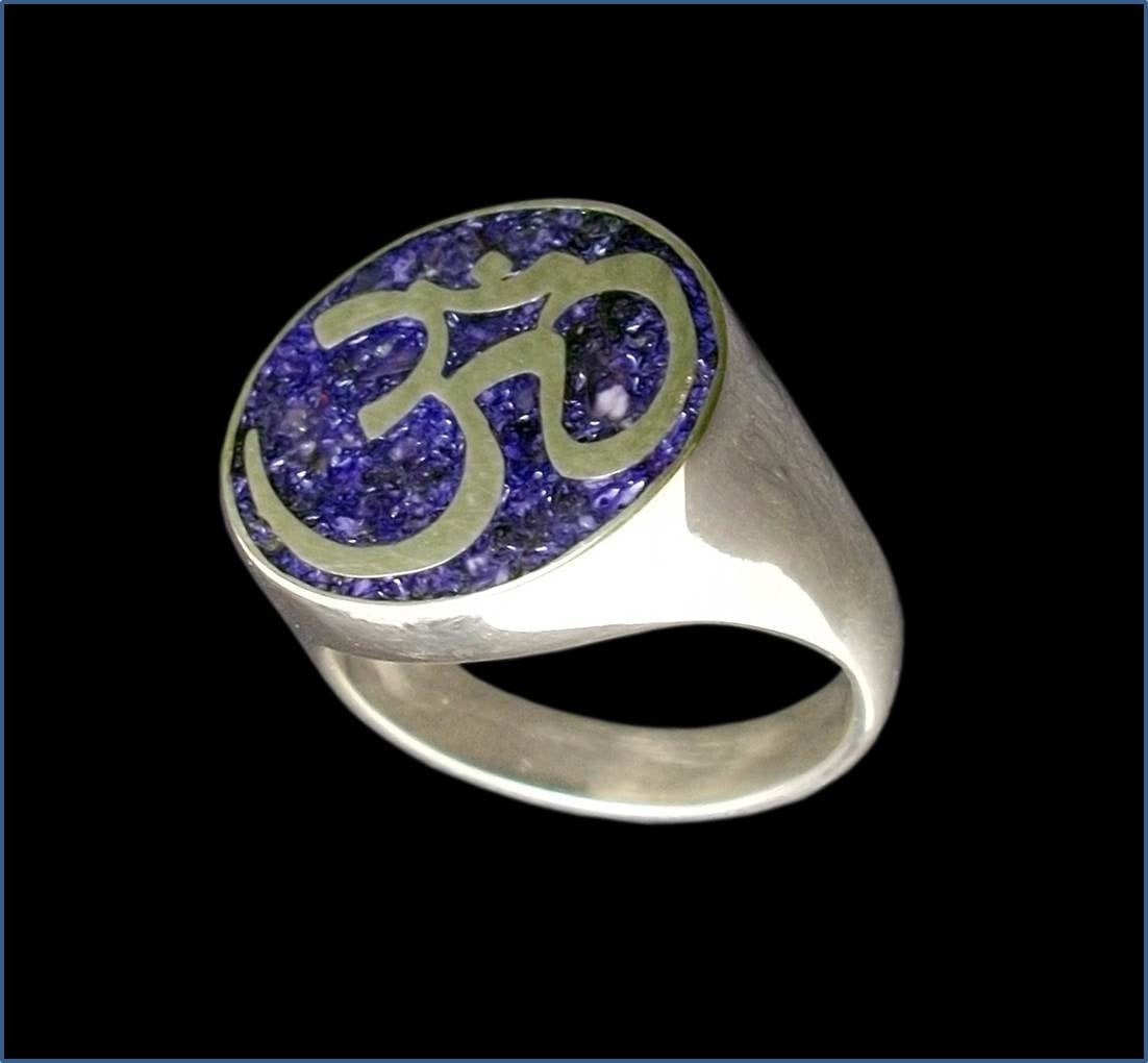OHM ring - Sterling Silver OM ring with crushed Amethyst - All Sizes