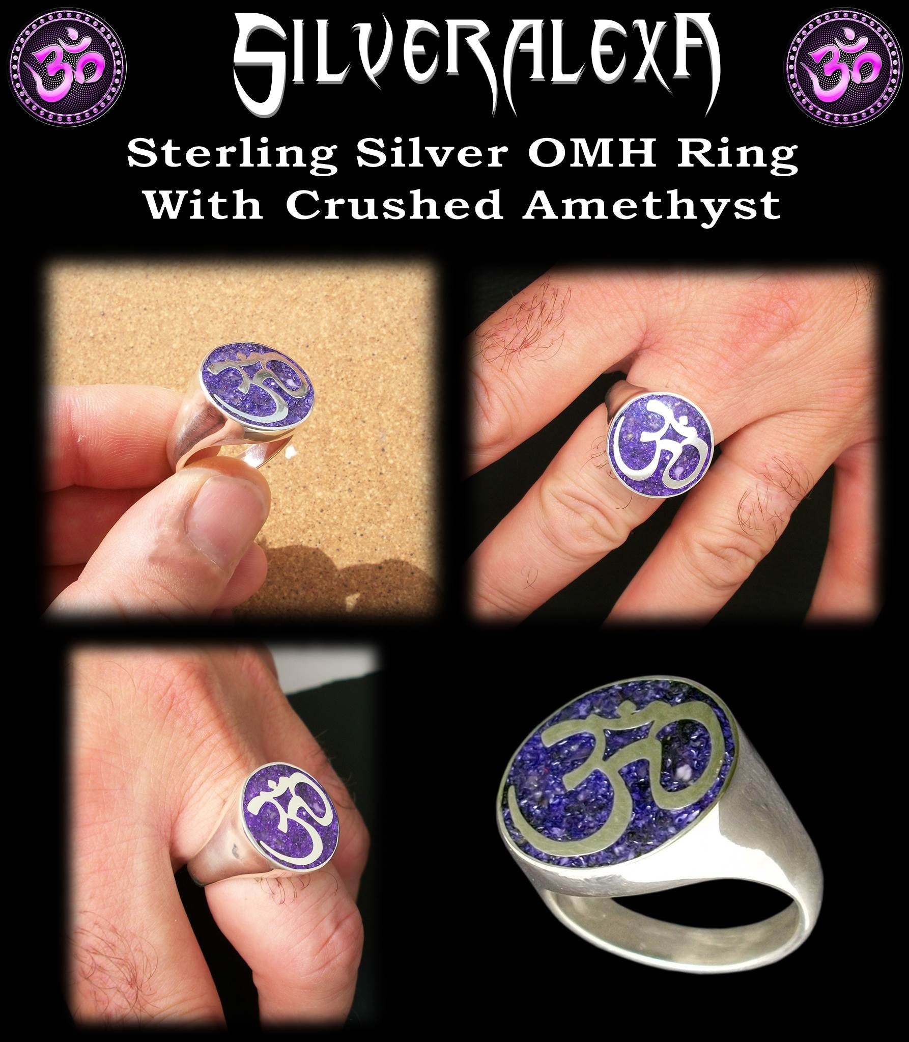 OHM ring - Sterling Silver OM ring with crushed Amethyst - All Sizes