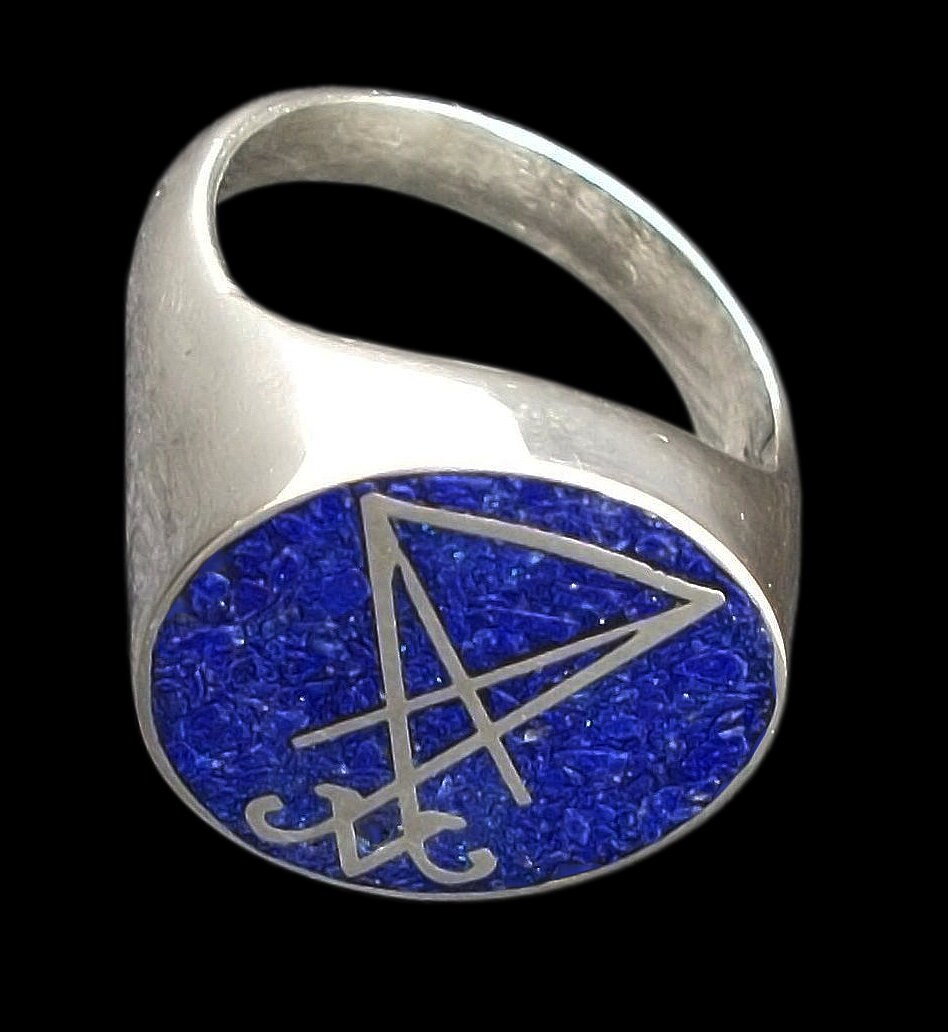 Sigil Of Lucifer - Sterling Silver Lucifer Symbol Ring - ALL SIZES With Crushed Lapis Lazuli
