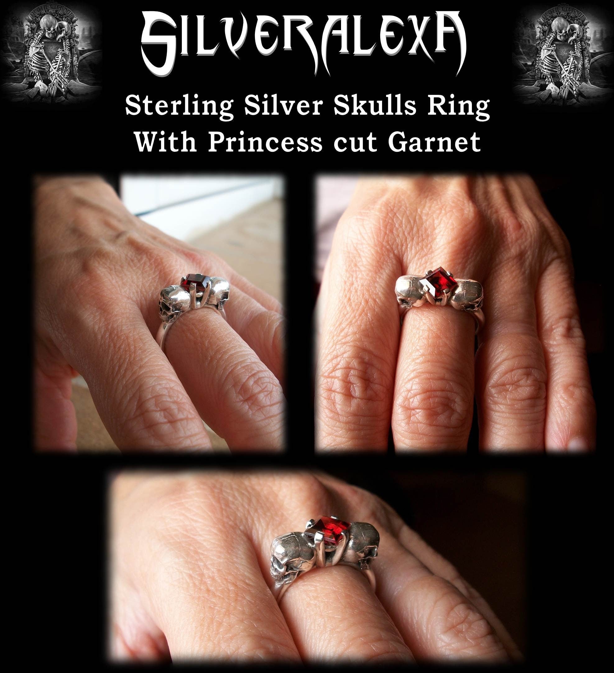 Skull engagement ring - Sterling Silver Ring with Princess Cut Red Garnet - Inspired by Lovers Of Valdaro