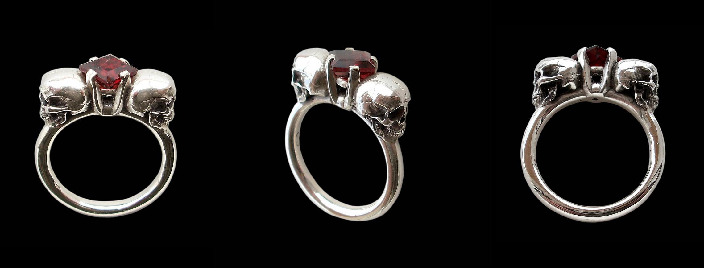 Skull engagement ring - Sterling Silver Ring with Princess Cut Red Garnet - Inspired by Lovers Of Valdaro