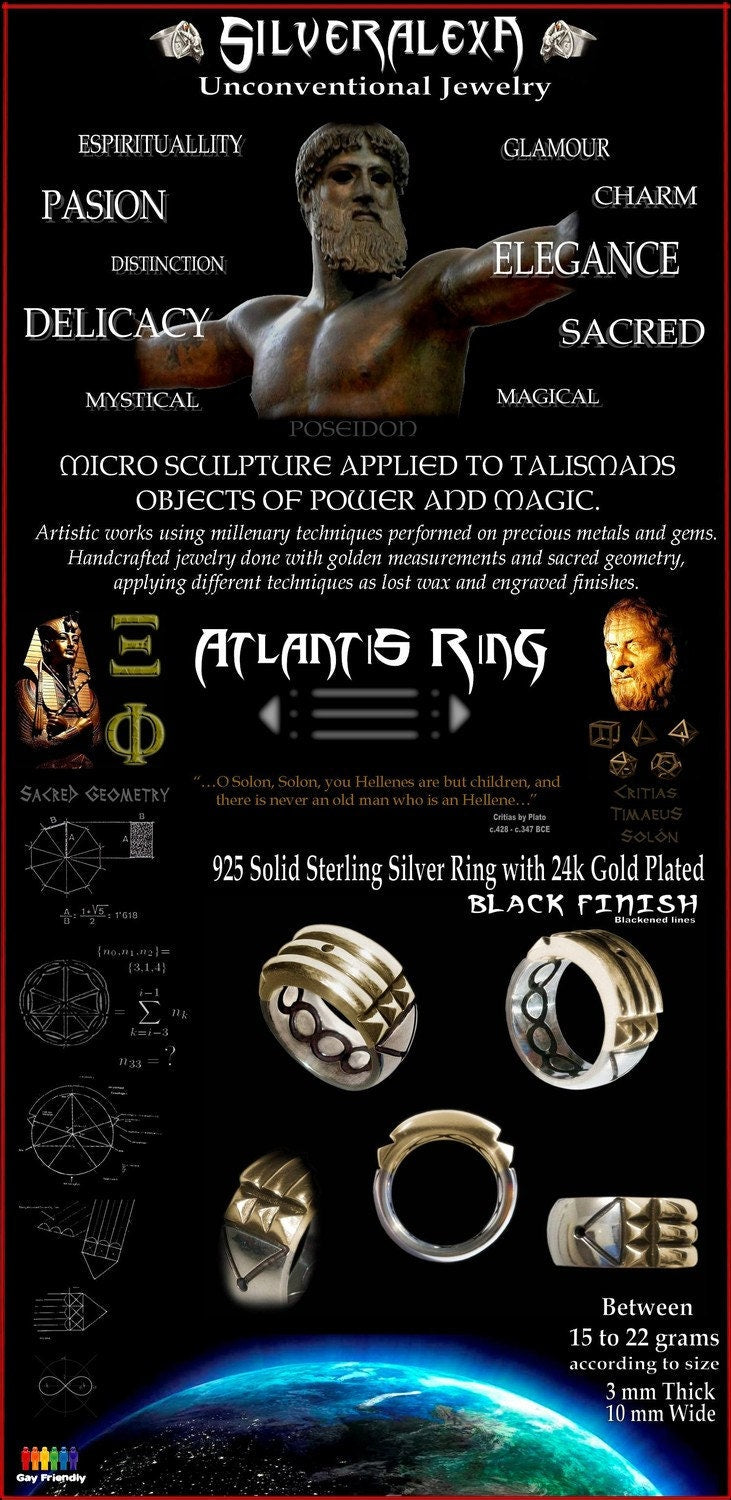 Atlantis ring - Sterling Silver Atlantis Ring- 24k Gold Plated -Black Finish- ALL SIZES