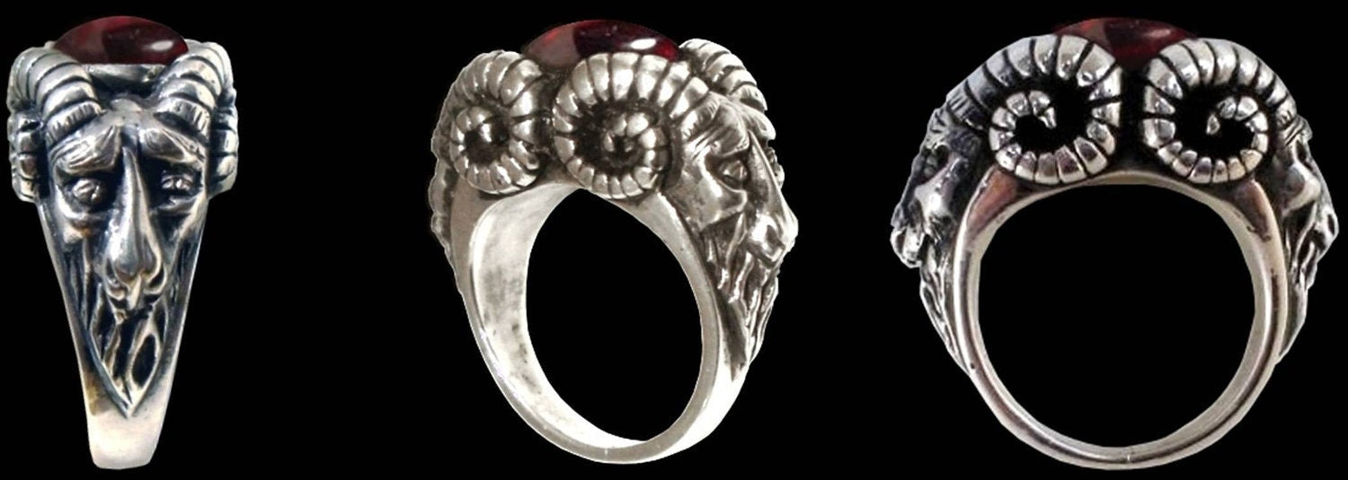 Baphomet ring - Sterling Silver Bighorn Baphomet Evil Sabbatic Goat Ring w/ Red Garnet- ALL SIZES