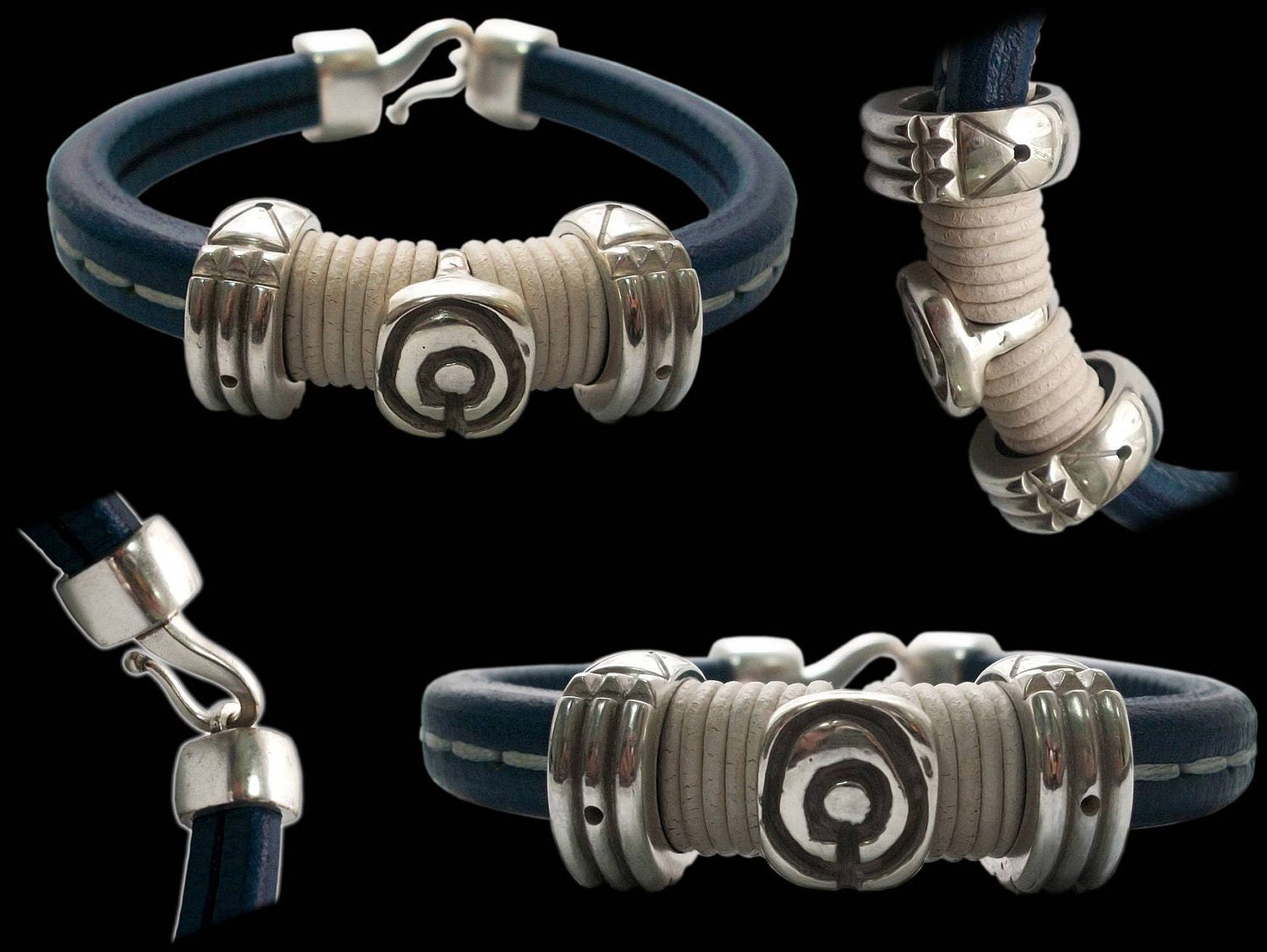 Atlantis bracelet - Sterling silver and italian Leather Bracelet - Mini Atlantis Ring Beads -