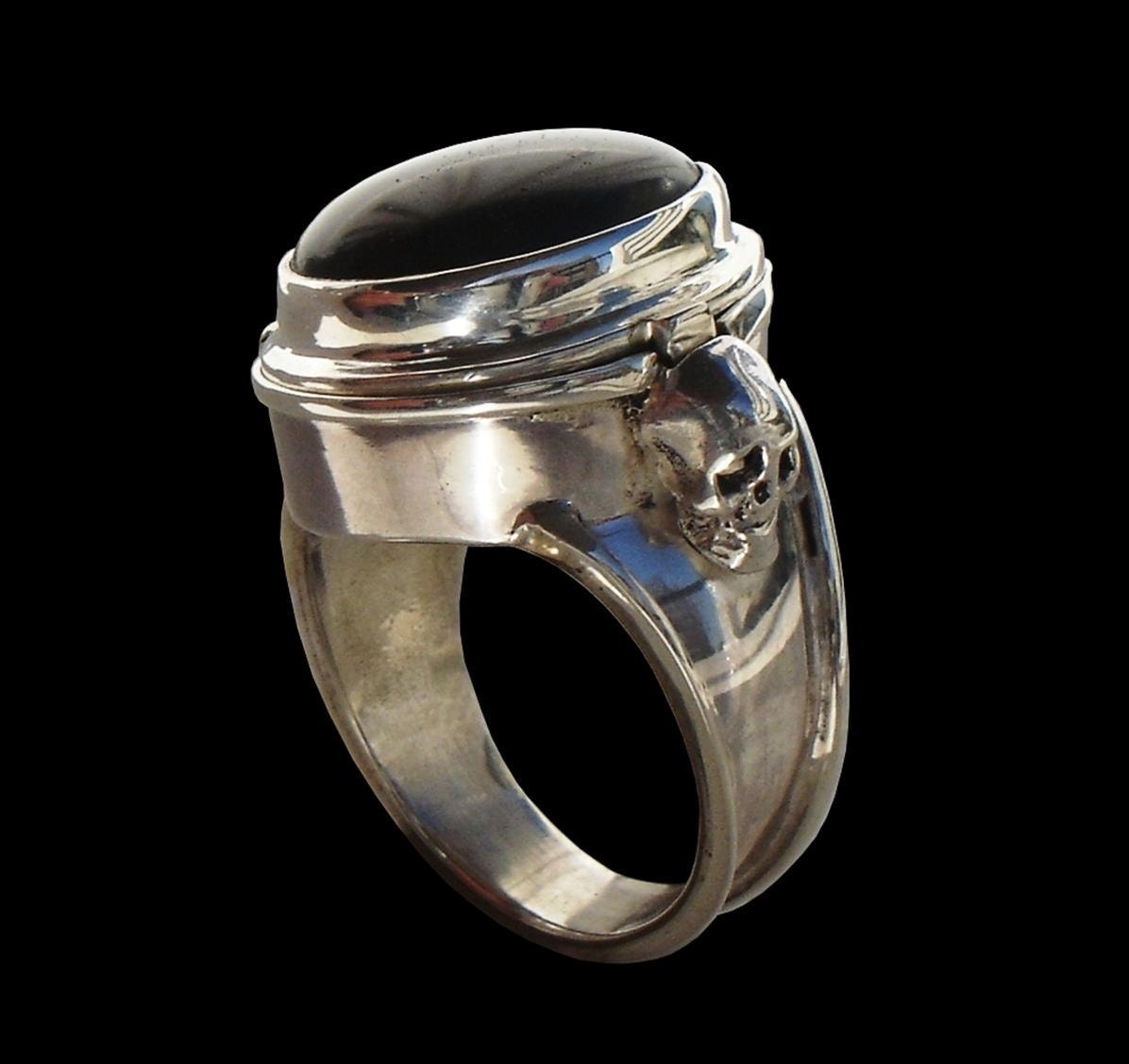 Poison ring - Sterling Silver Poison Pillbox skull ring with black Onyx or Amethyst- ALL SIZES