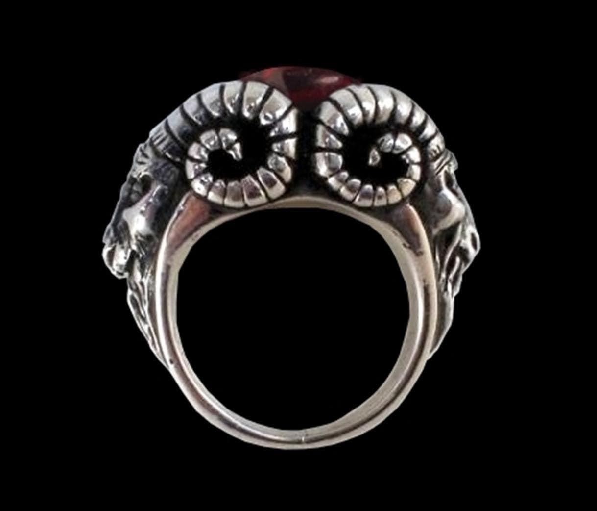 Baphomet ring - Sterling Silver Bighorn Baphomet Evil Sabbatic Goat Ring w/ Red Garnet- ALL SIZES
