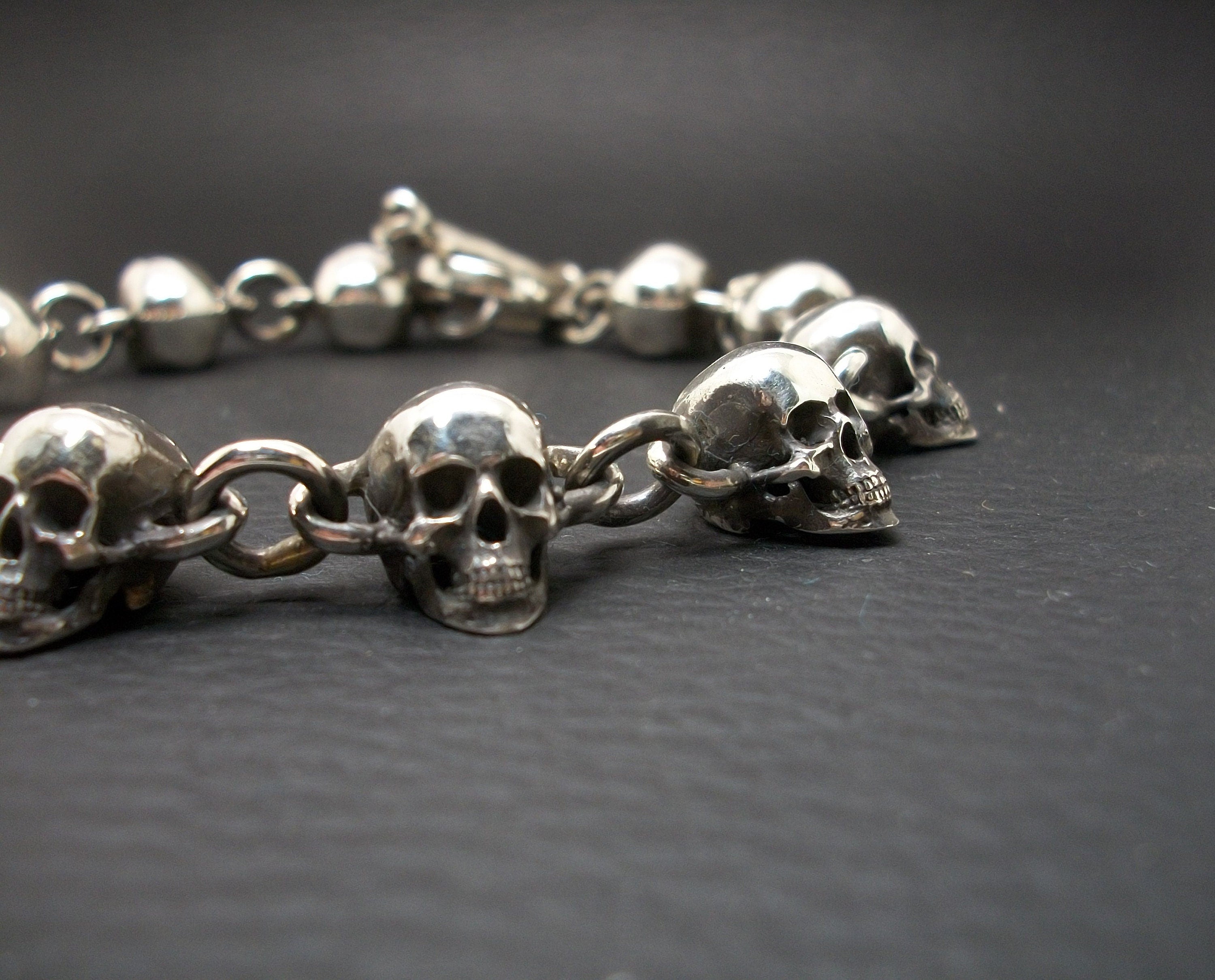 Skull Bracelet - Sterling Silver skull bracelet chain. Toggle bone closure. Full Jaw Skull