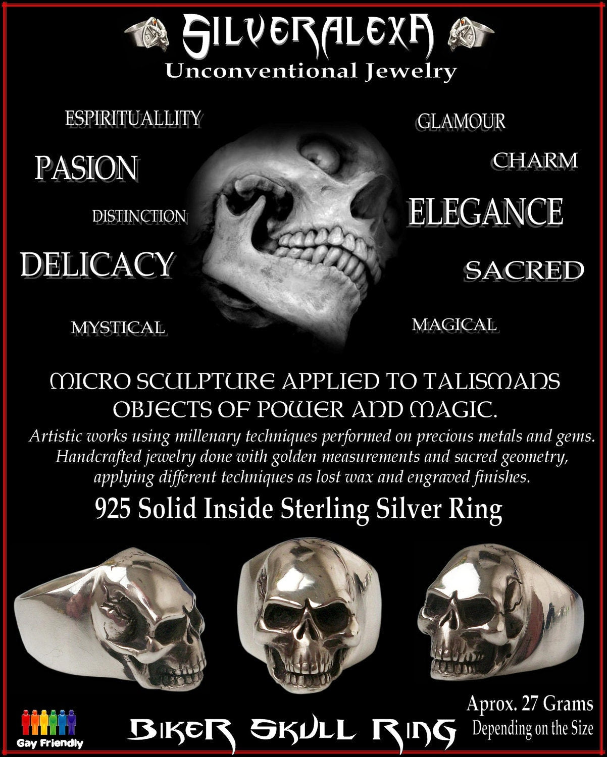 Skull ring - Sterling Silver Rock n Roll skull Ring (Solid inside) - ALL SIZES