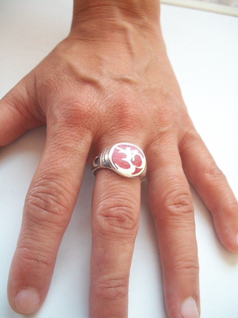 Ohm ring - Sterling Silver Aum Ohm OM ring with red Coral - All sizes - Mantra Sound of Existence