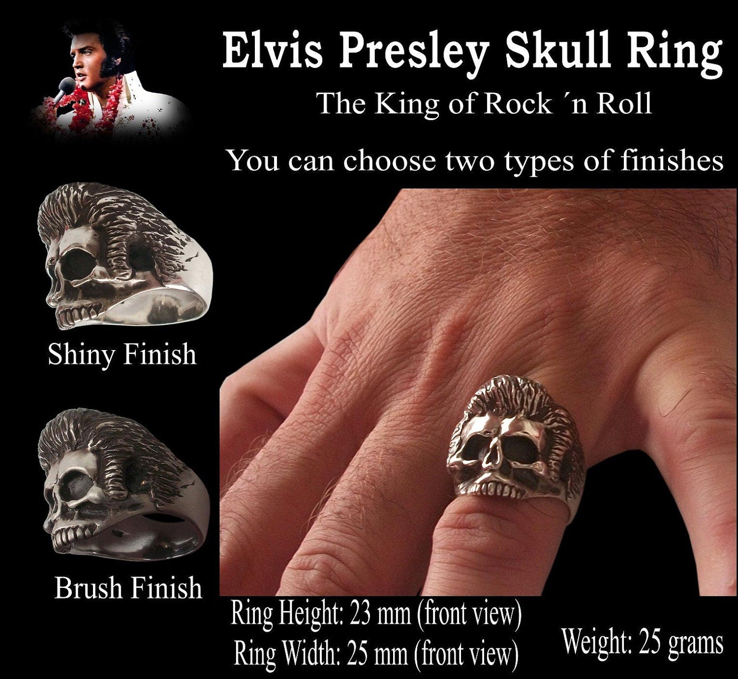 Skull ring - Sterling Silver Elvis Presley Skull Ring - ALL SIZES
