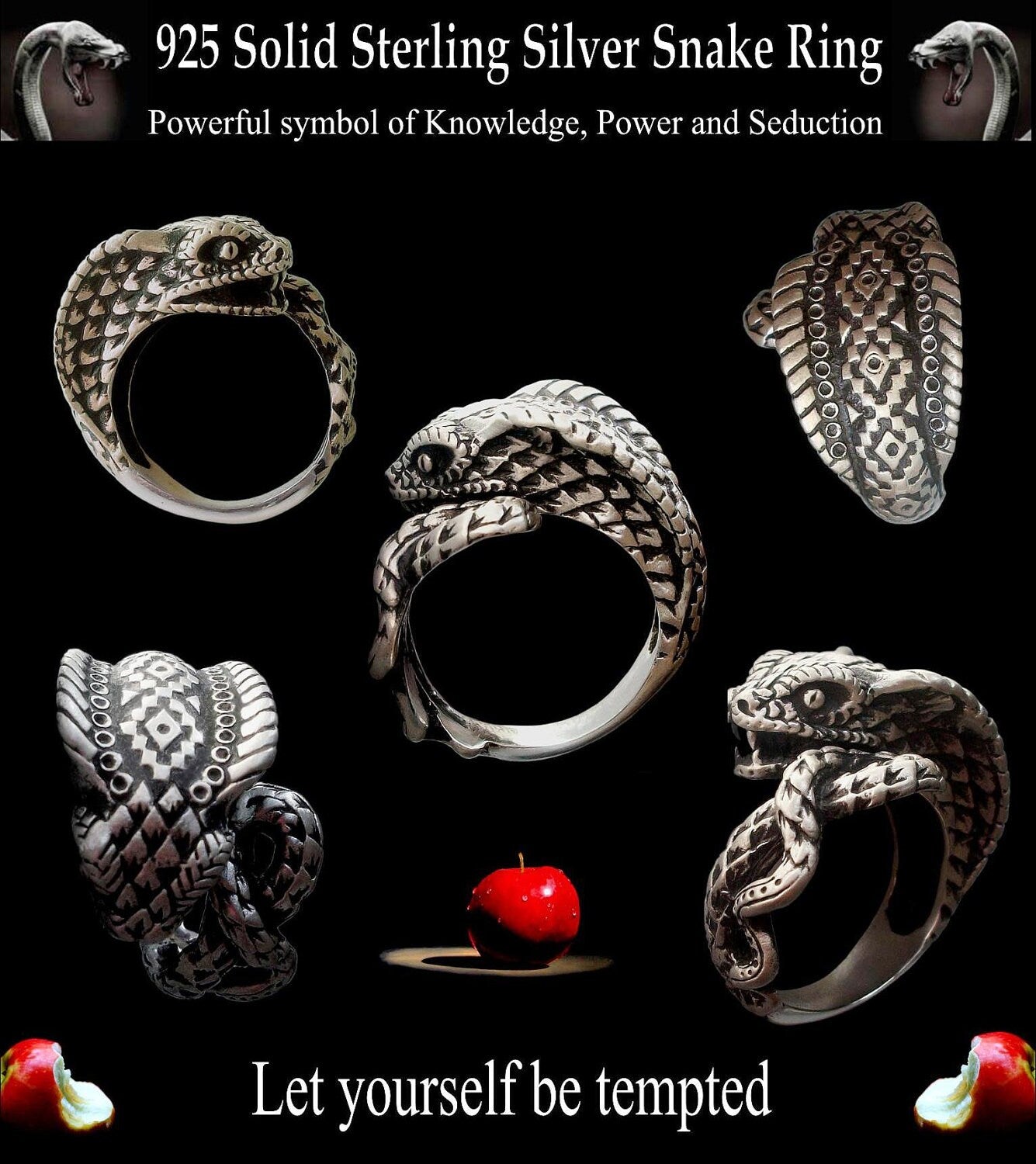 Snake ring - Sterling Silver Serpent of temptation ring - All Sizes