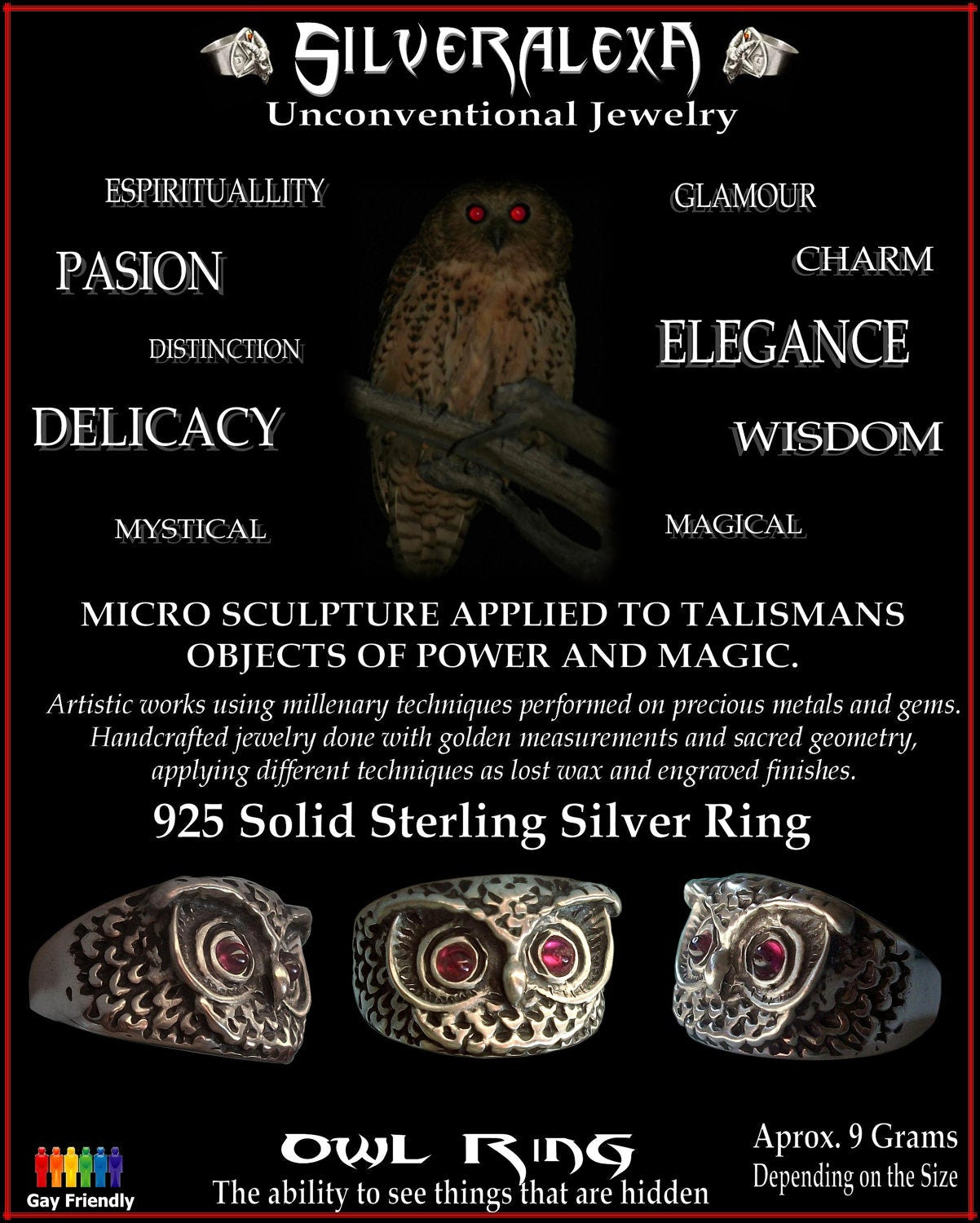 Owl ring - Sterling Silver Owl ring with garnet - All Sizes