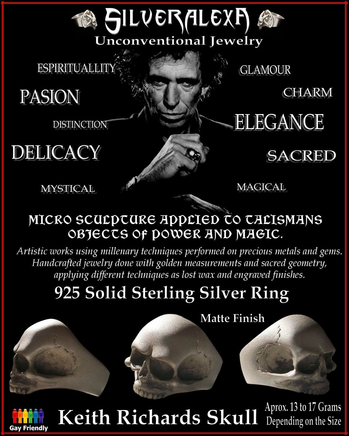 Skull ring - Sterling silver Keith Richards Skull Ring -  All Sizes - New Matte Finish (sandblasting)