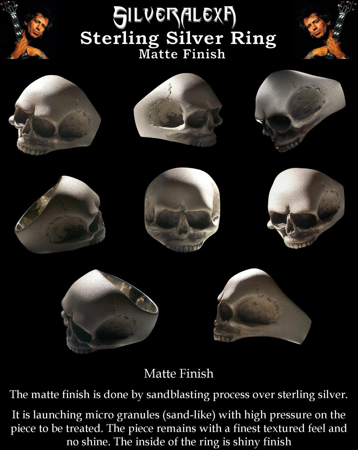 Skull ring - Sterling silver Keith Richards Skull Ring -  All Sizes - New Matte Finish (sandblasting)