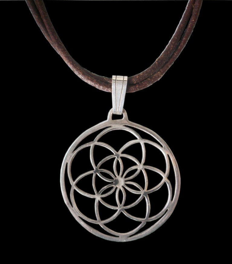 Seed of life pendant - Sterling Silver Seed of life Pendant with italian brown leather necklace