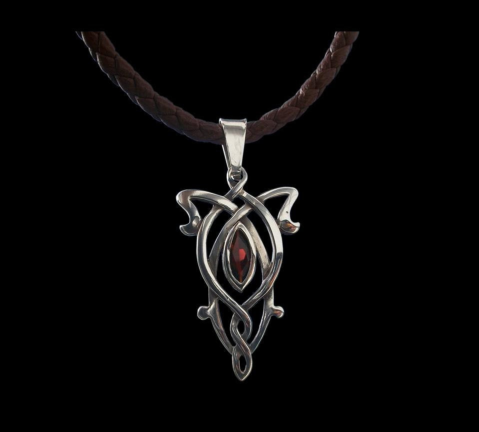 Celtic pendant - Sterling Silver Gothic Celtic Pendant w/ italian brown braided leather necklace - Marquise Garnet