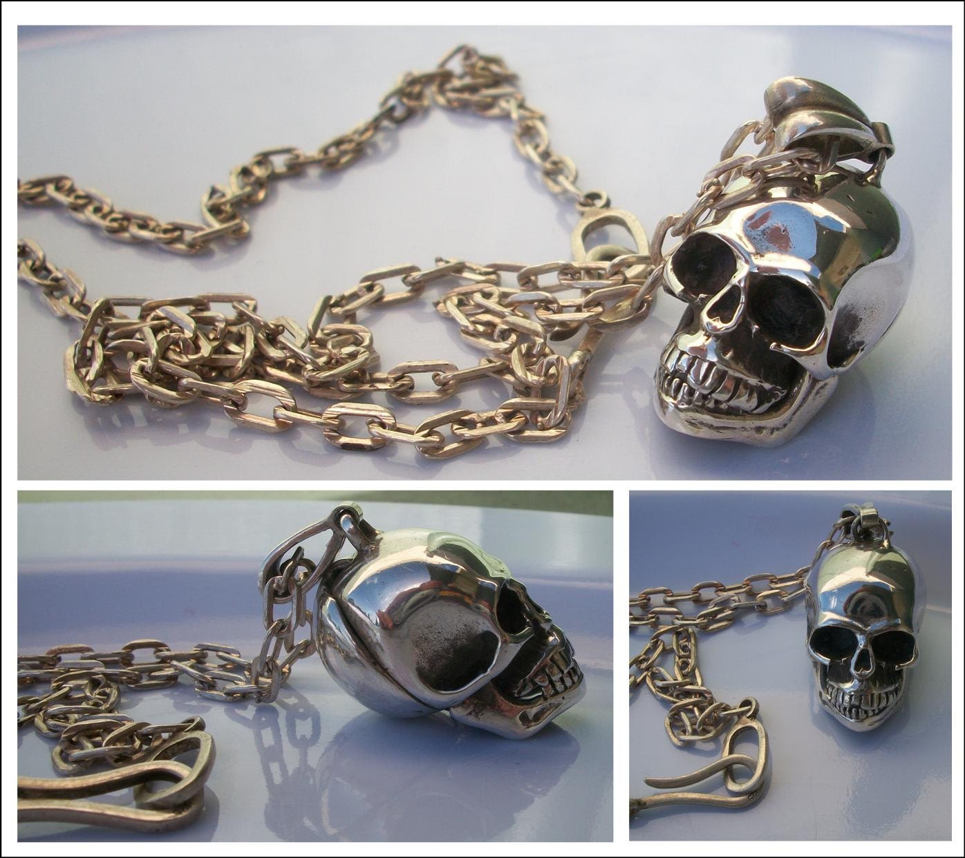 Poison pendant - Sterling Silver Poison Skull Pendant - Pillbox - Moveable Jaw