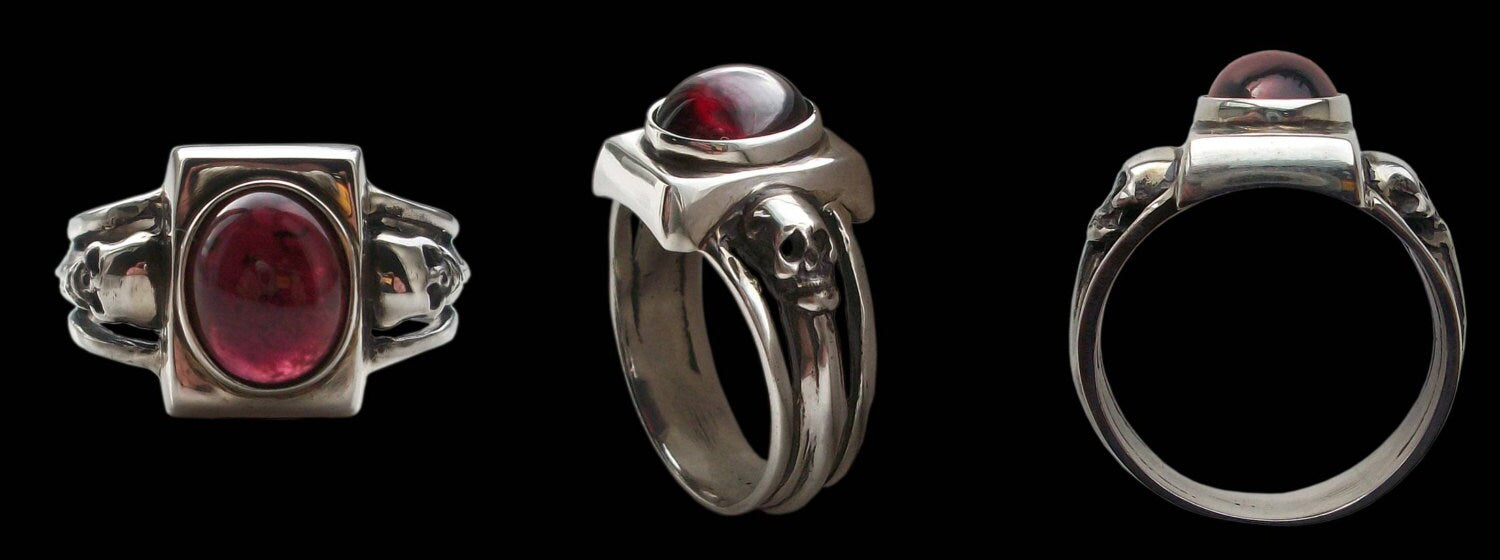 Skull engagement ring - Sterling Silver Dark Gothic Skull Engagement Ring with Red Garnet - Love to Death Ring -  ALL SIZES