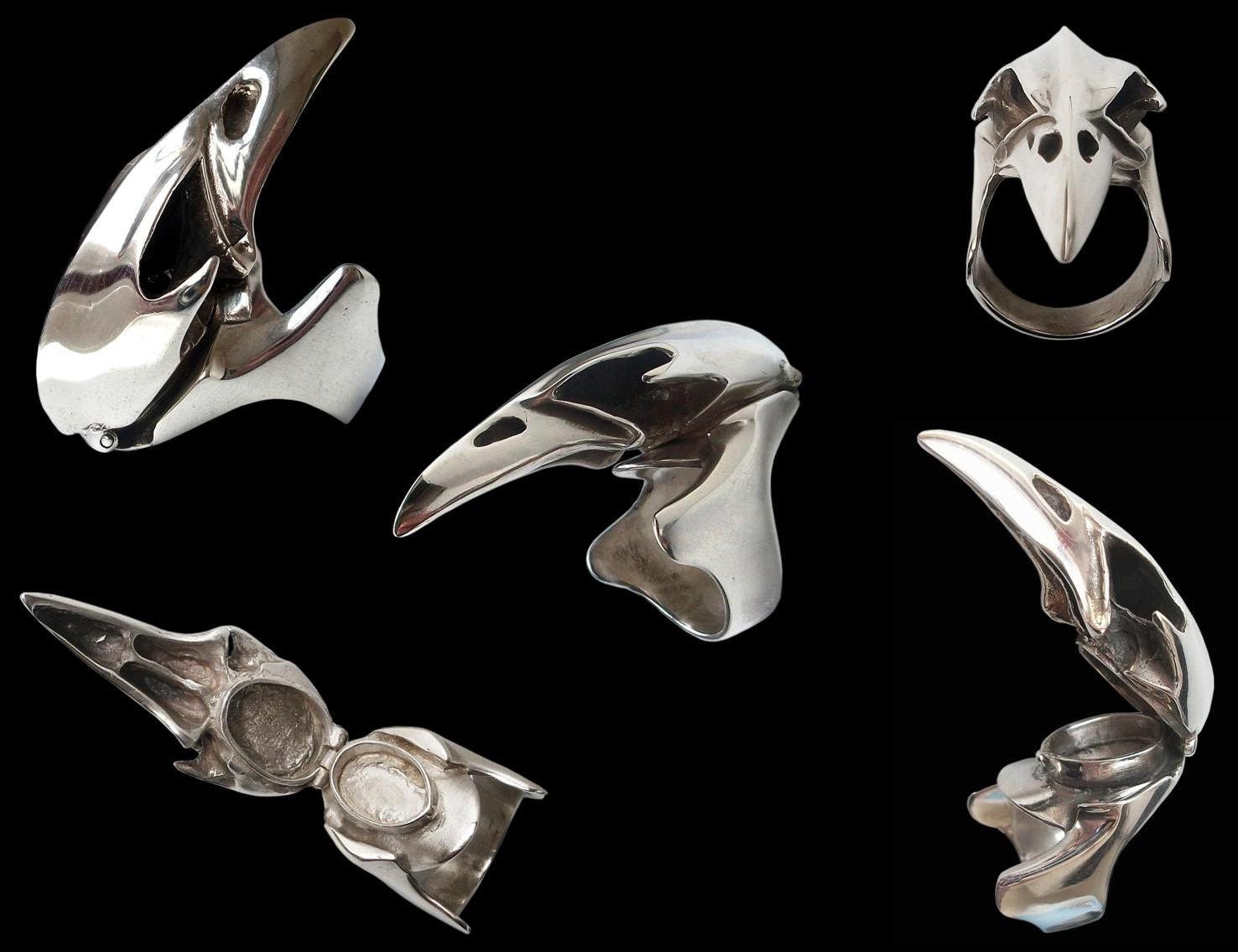 Poison ring - Sterling Silver Raven Skull poison ring - solid secret skull bird