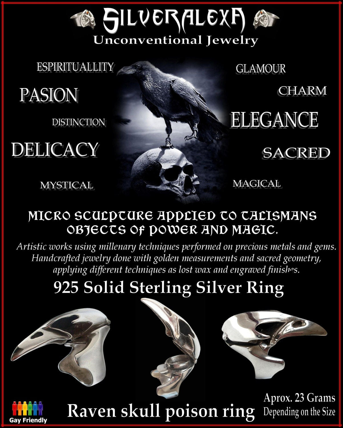Poison ring - Sterling Silver Raven Skull poison ring - solid secret skull bird