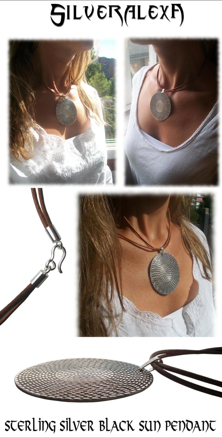 925 Sterling Silver Black Sun Pendant with italian brown leather necklace
