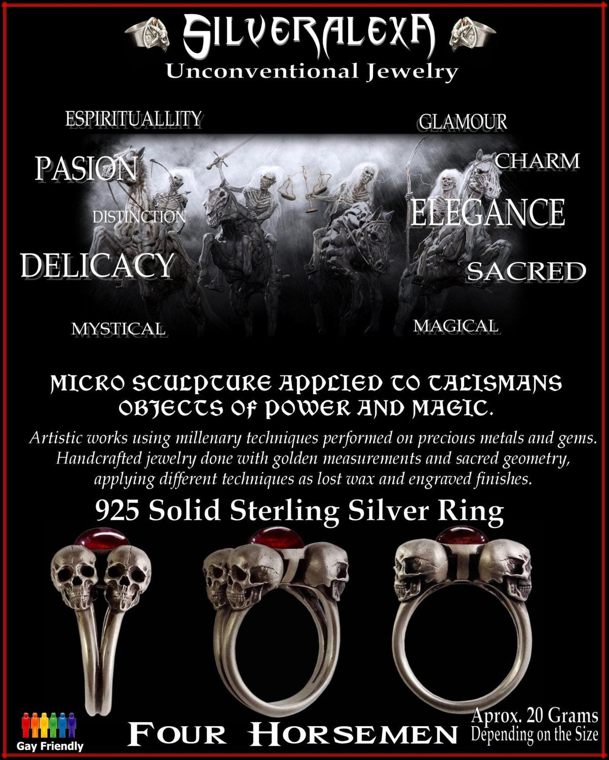 Skull ring - Sterling Silver Four horsemen Engagement skull Ring w/ Red Garnet- ALL SIZES