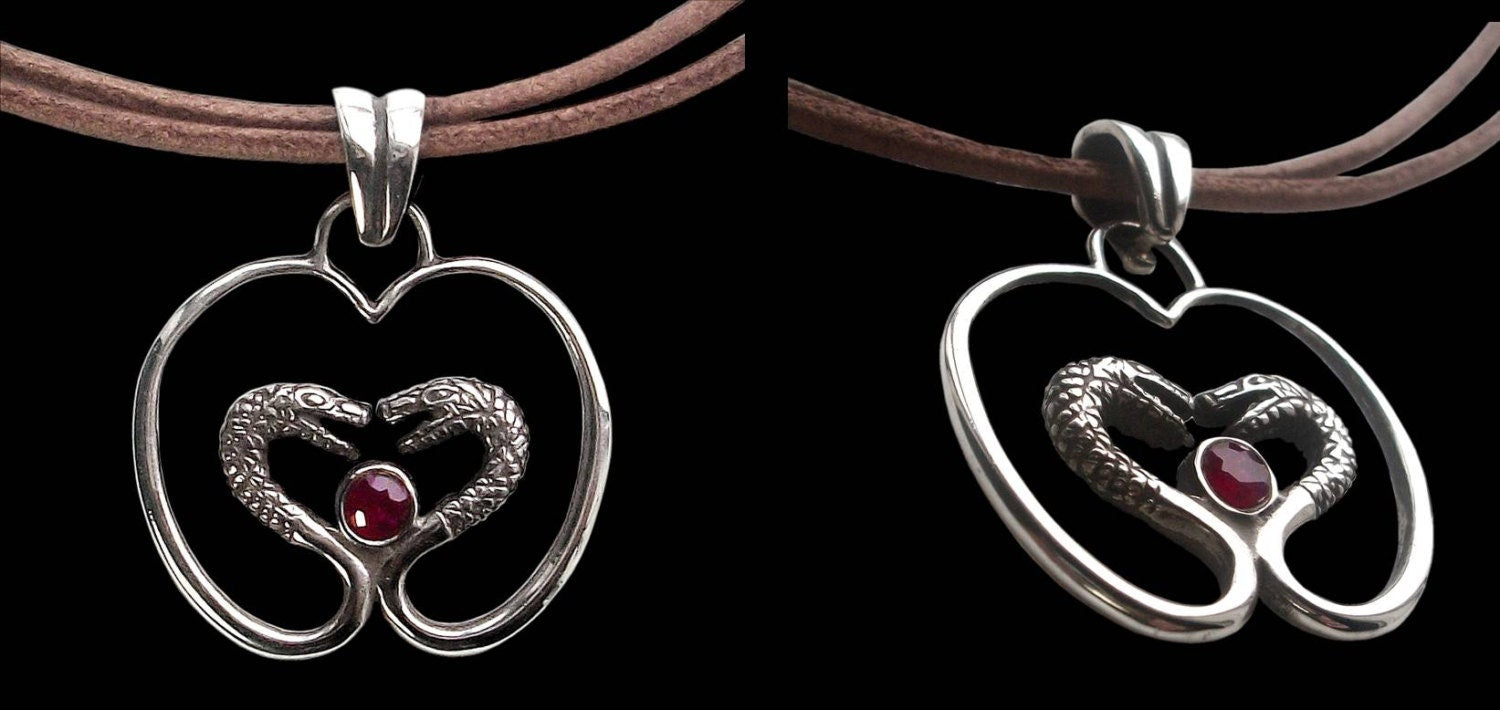 Engagement pendant - Sterling Silver Serpent Temptation Pendant with italian brown leather necklace and faceted ruby