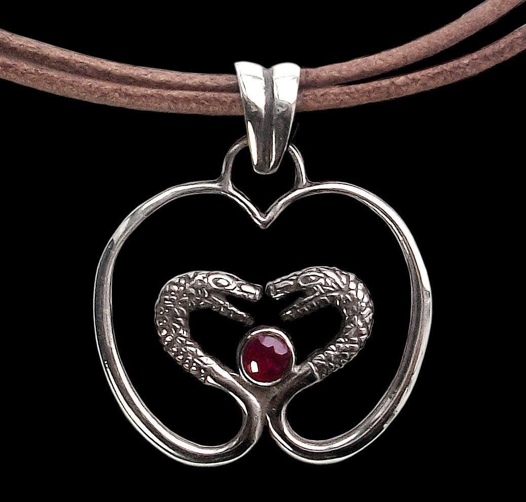 Engagement pendant - Sterling Silver Serpent Temptation Pendant with italian brown leather necklace and faceted ruby
