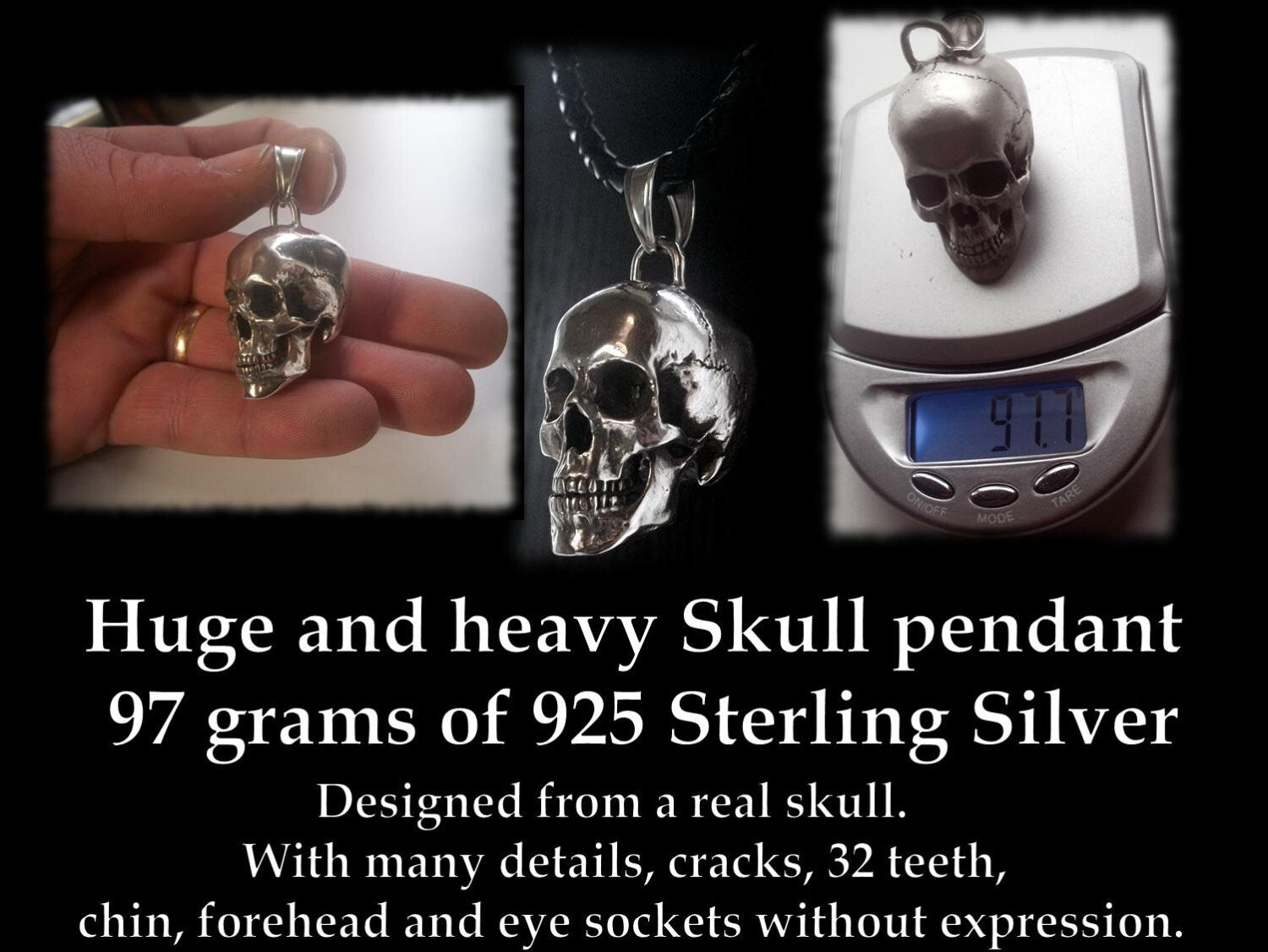Skull pendant - Sterling Silver Huge and Heavy skull Pendant - 98 grams Designed from real human skull
